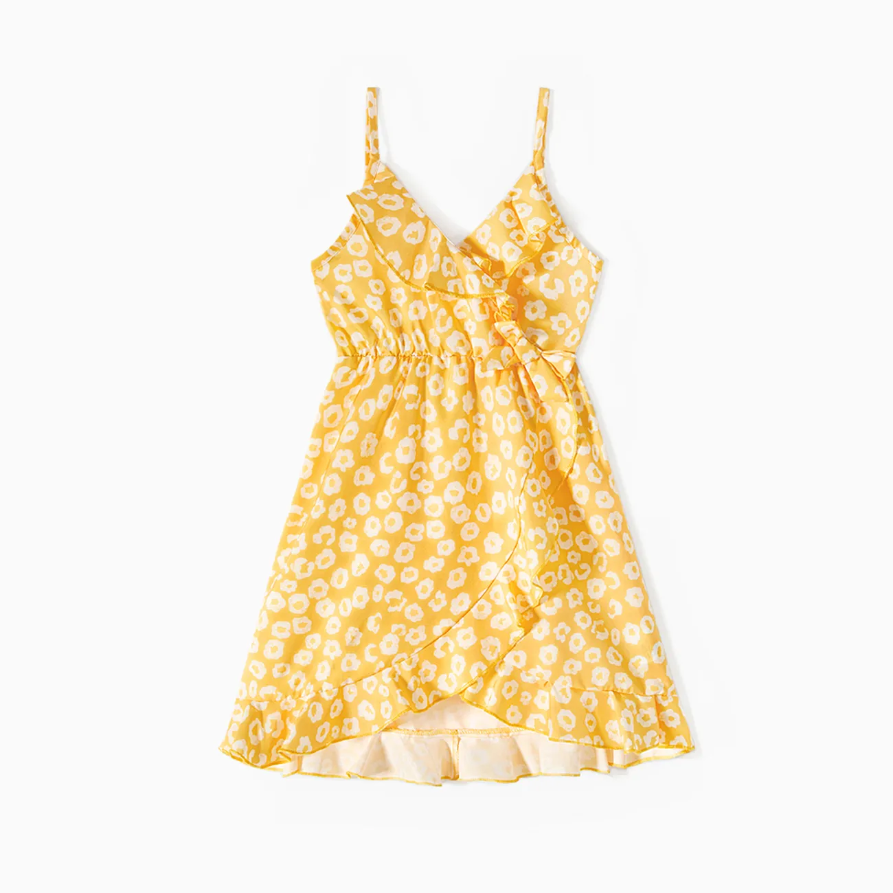 Family Matching Yellow Floral Print Surplice Neck Ruffle Trim Wrap Cami Dresses and Colorblock Short-sleeve T-shirts Sets