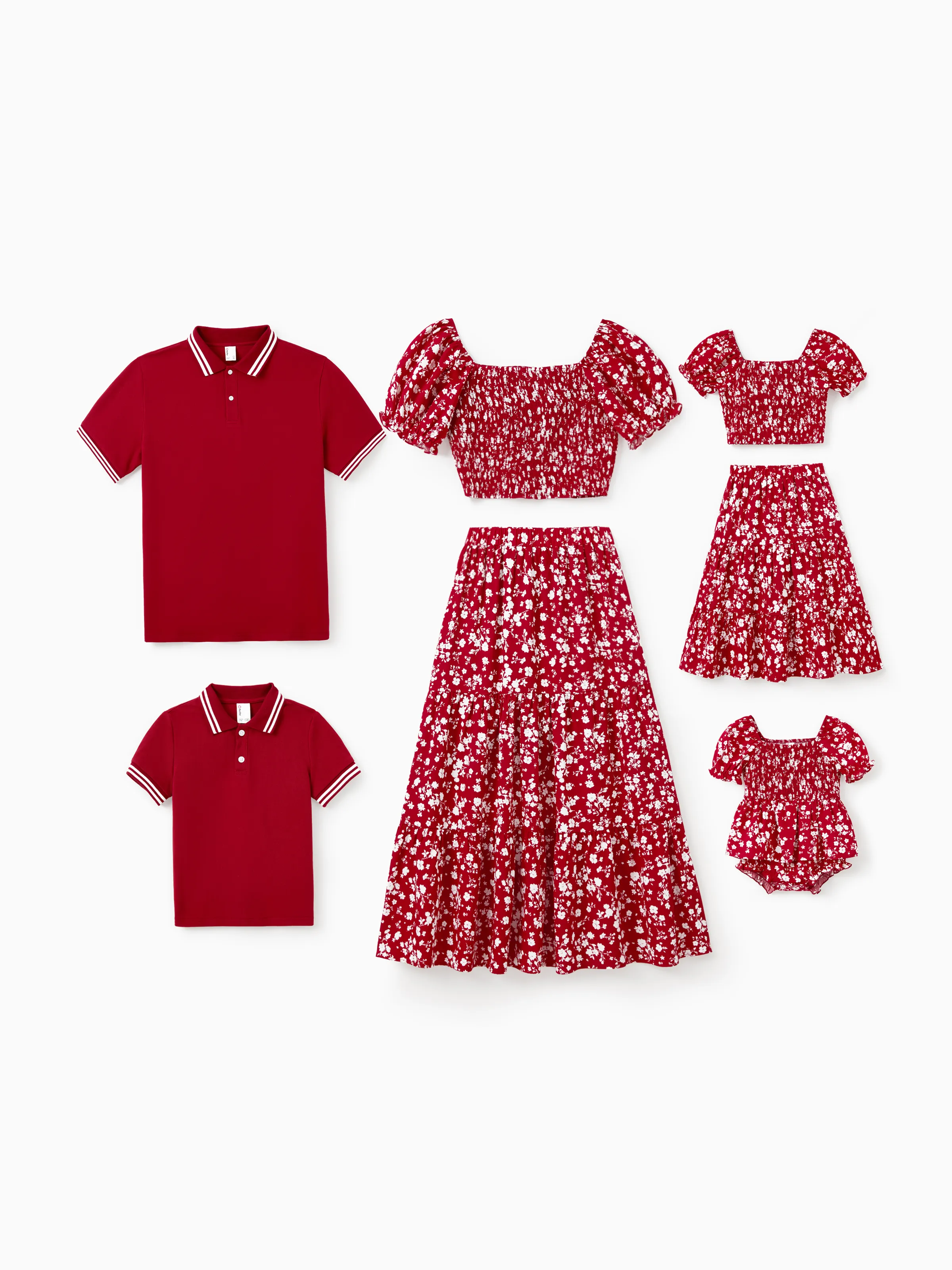 Valentine's Day Family Matching Red Sets Floral Polo Short-sleeve Top or Off Shoulder Split Hem Skirt Co-ord Set