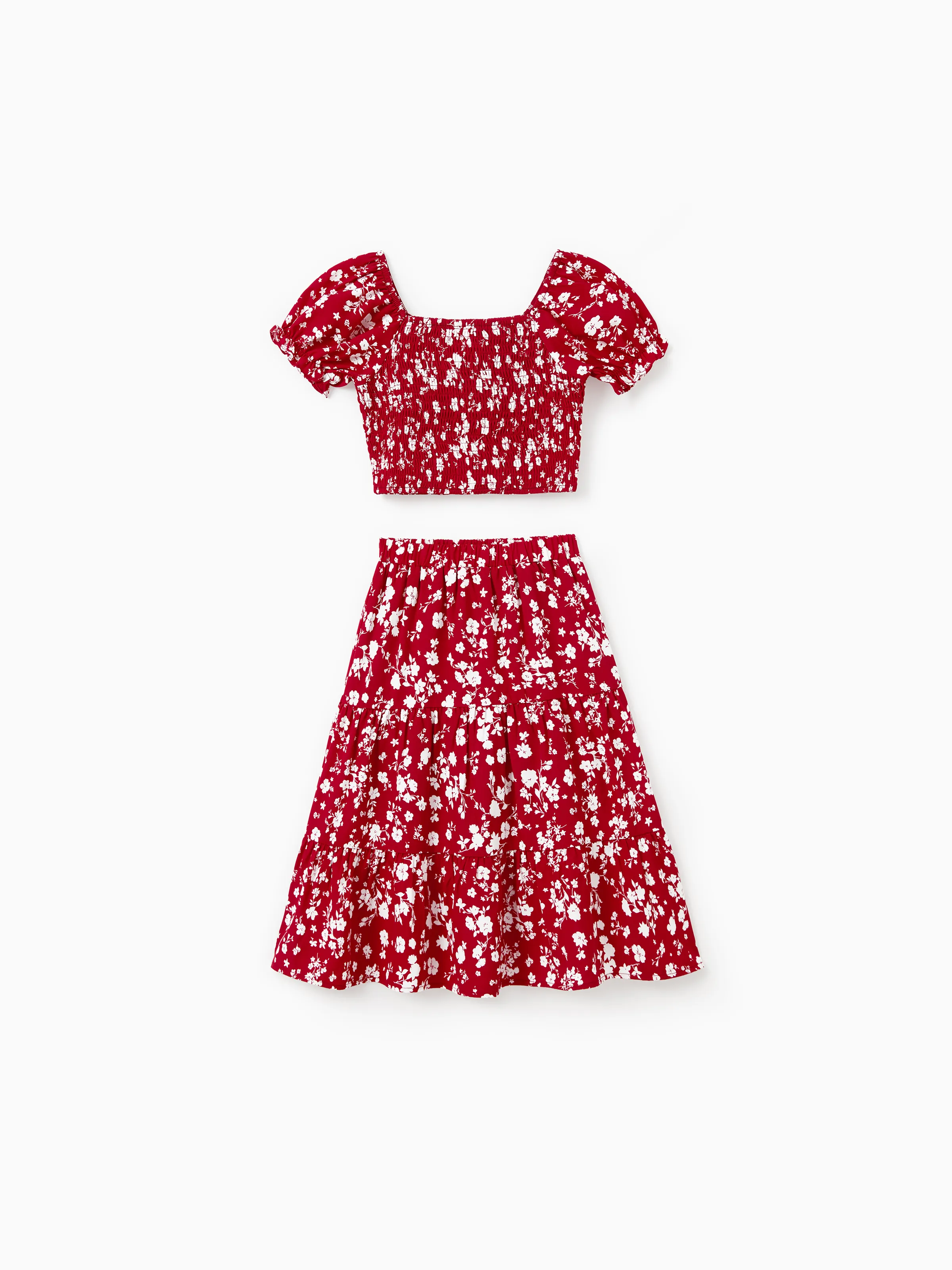 

Valentine's Day Family Matching Red Sets Floral Polo Short-sleeve Top or Off Shoulder Split Hem Skirt Co-ord Set