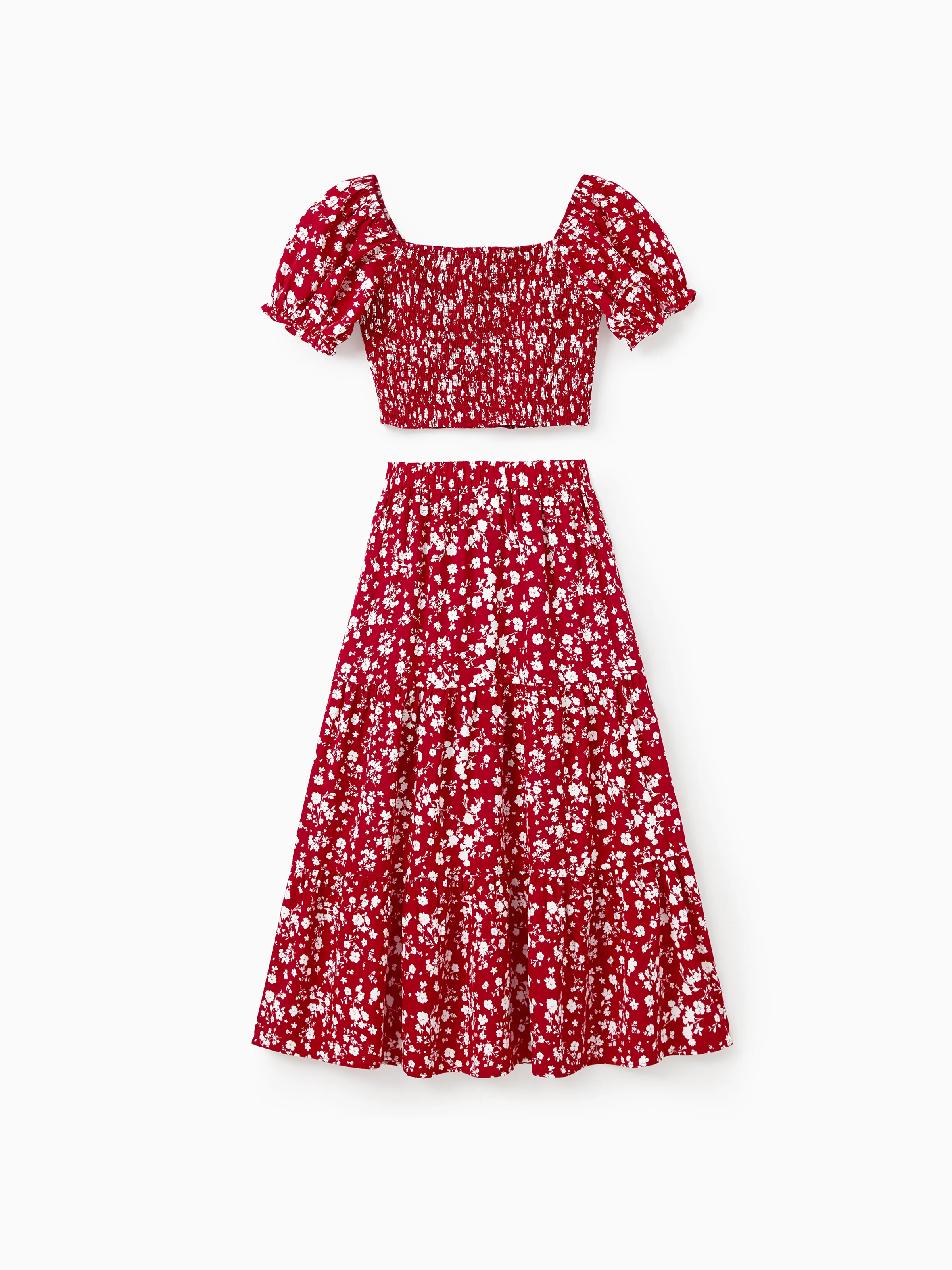 

Valentine's Day Family Matching Red Sets Floral Polo Short-sleeve Top or Off Shoulder Split Hem Skirt Co-ord Set