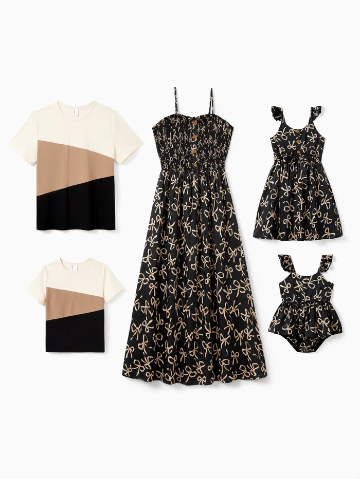 Valentine's Day Family Matching Sets Colorblock Tee or Bowknot Print Strap Dress