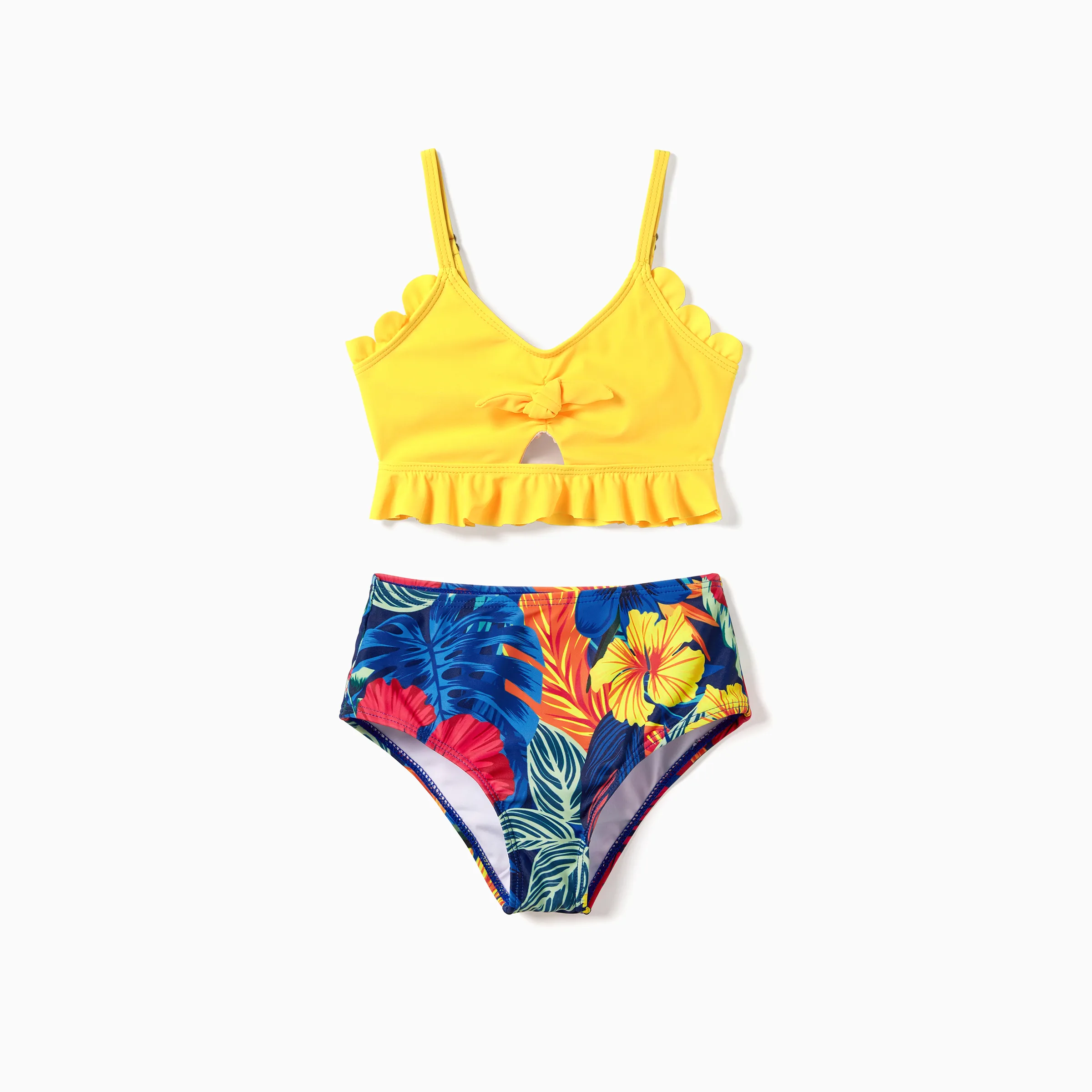 

Family Matching Solid Scallop Trim Strappy Two-piece Swimsuit or Allover Floral Print Swim Trunks Shorts