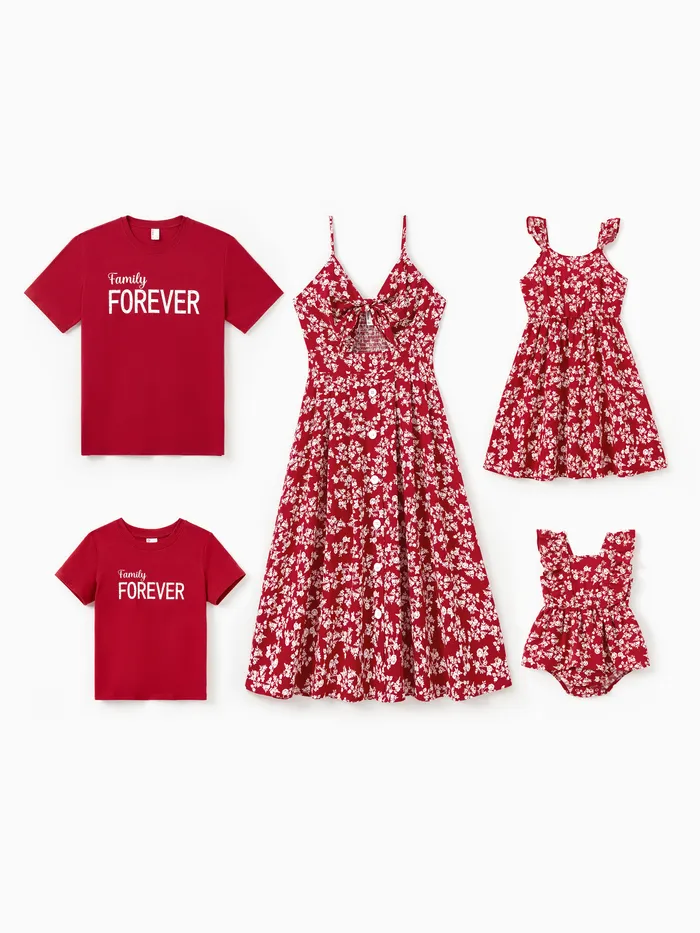 Valentine's Day Outfits for Family Matching (Red) - Letter Print Short-sleeve and Strap Dress Set