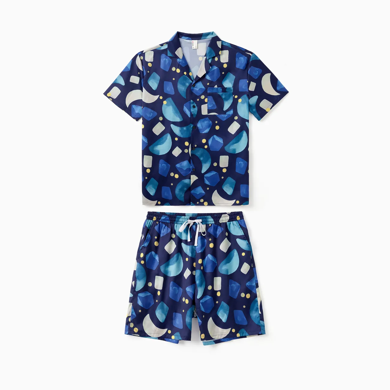 Family Matching Geometric Pattern Lapel Short Couple Pajamas Set