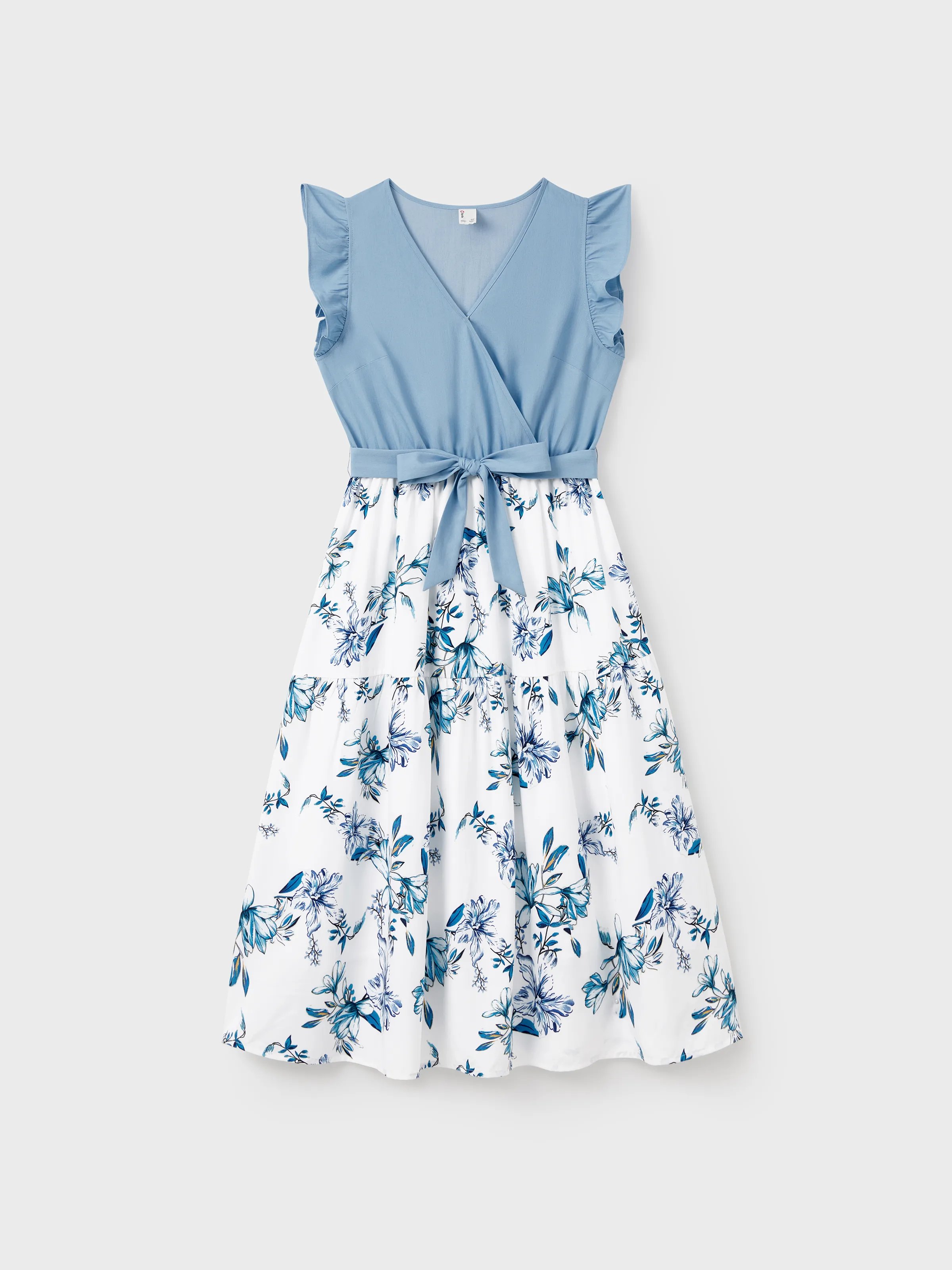 Mommy And Me Floral Print Spliced Solid V Neck Ruffle Trim Sleeveless Dresses