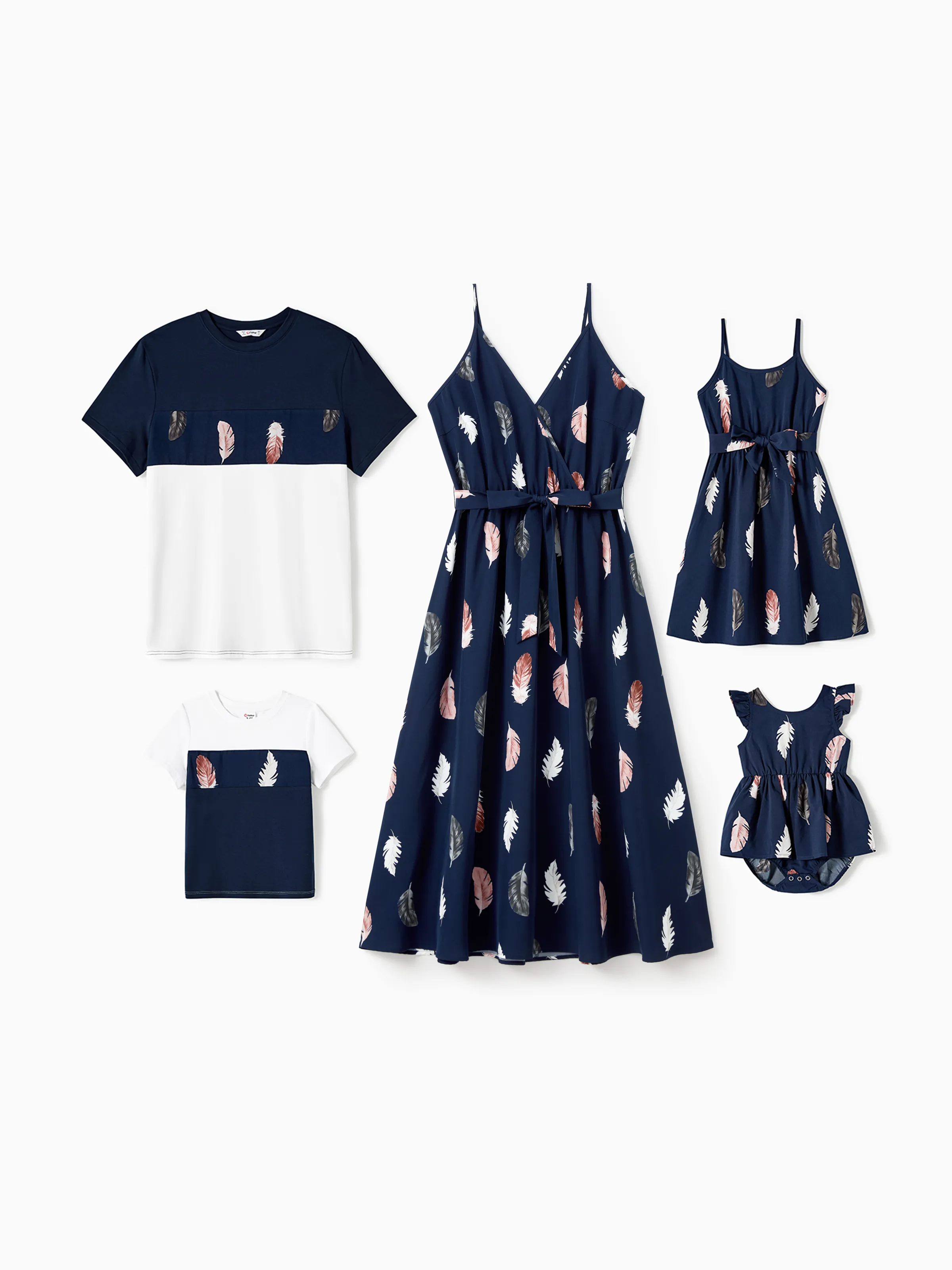 Family Matching Allover Feather Print Belted Cami Dresses and Short-sleeve Spliced Tee Sets