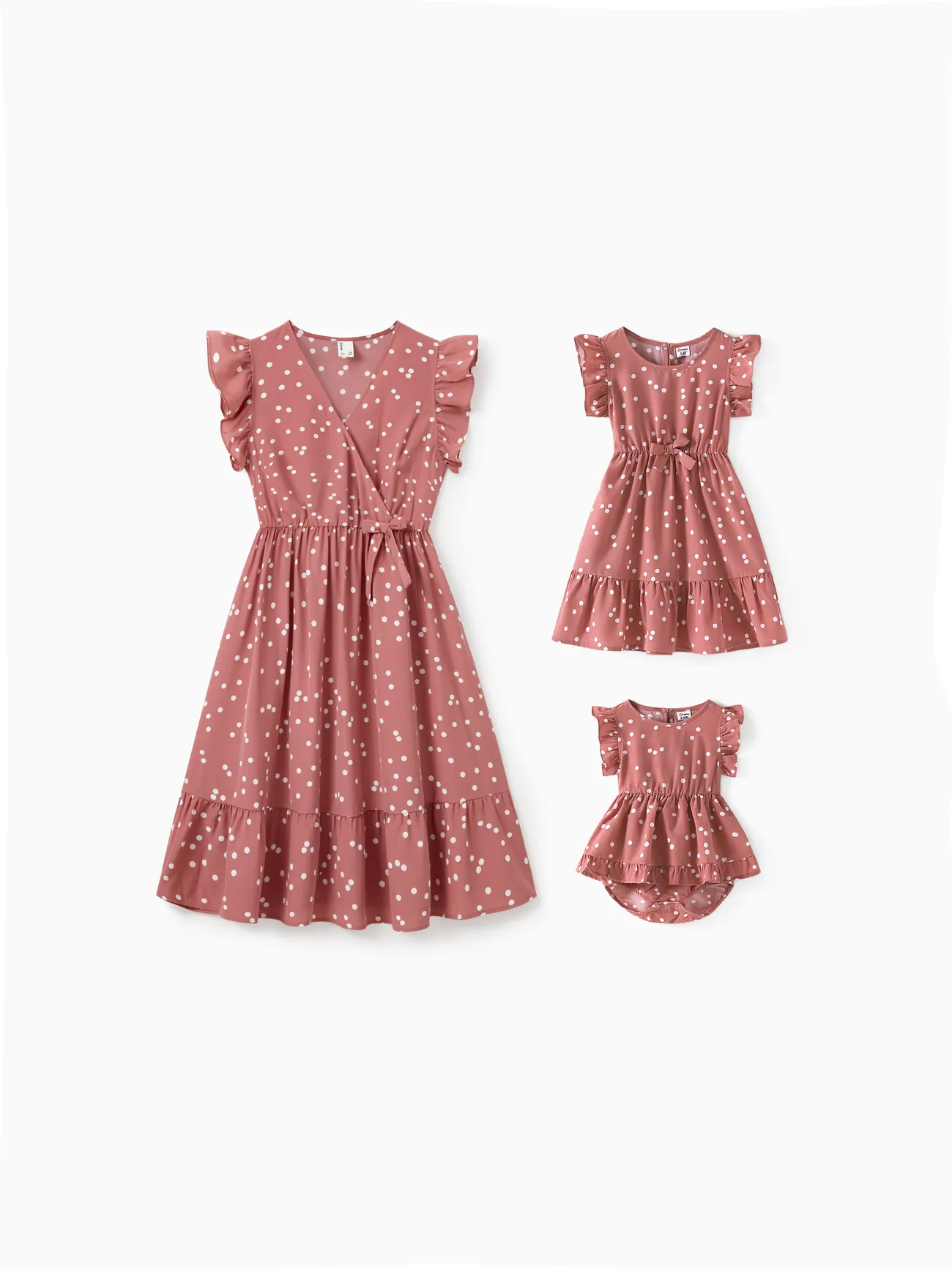 Women - Mommy and Me Outfits – Mother-Daughter Matching Dresses with Dots (Pink, V-Neck, Ruffle) - PinkyWhite - image 4