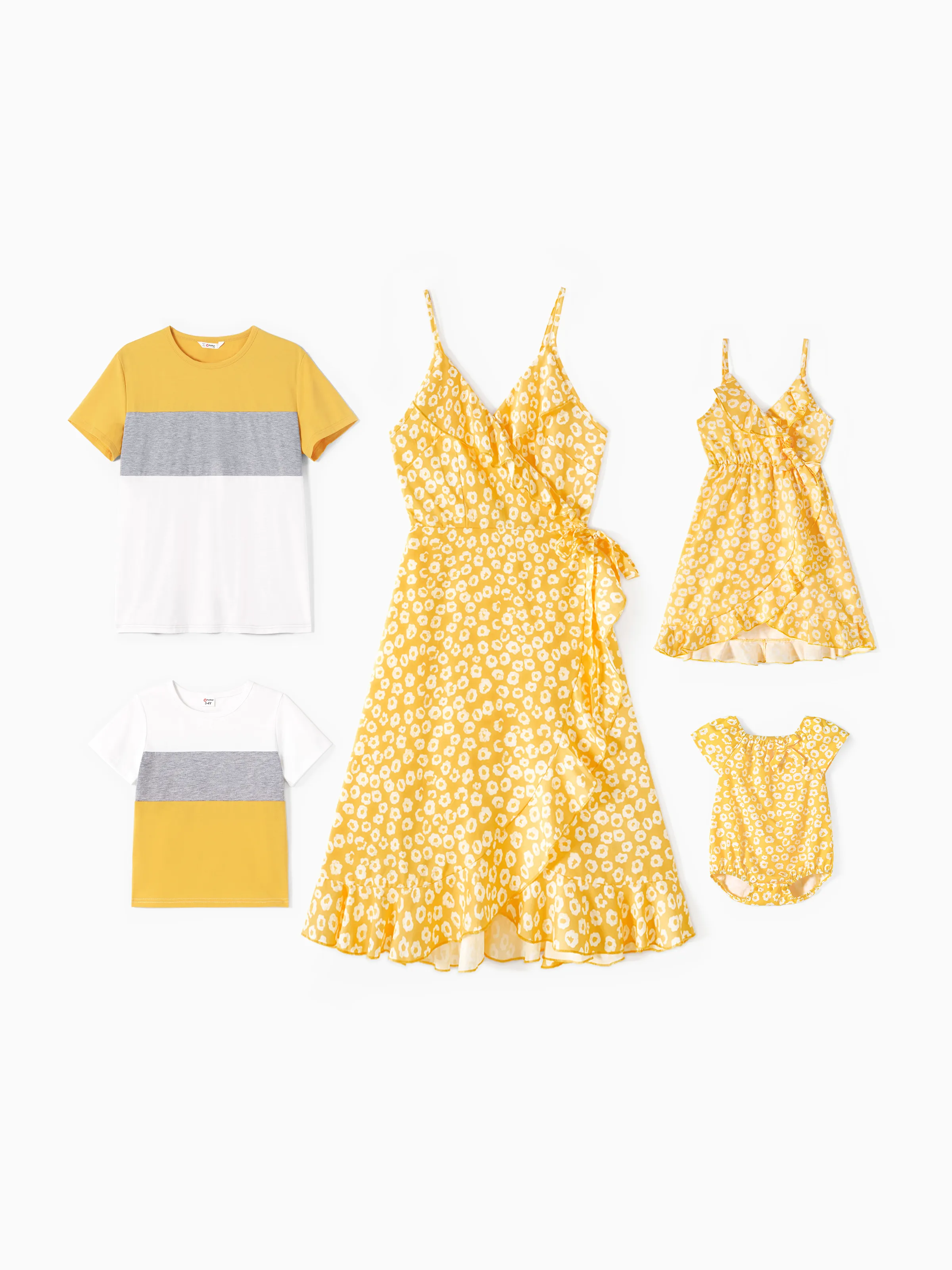 Family Matching Sets Color Block Tee or Yellow Ditsy Floral Wrap Dress with Hidden Snap