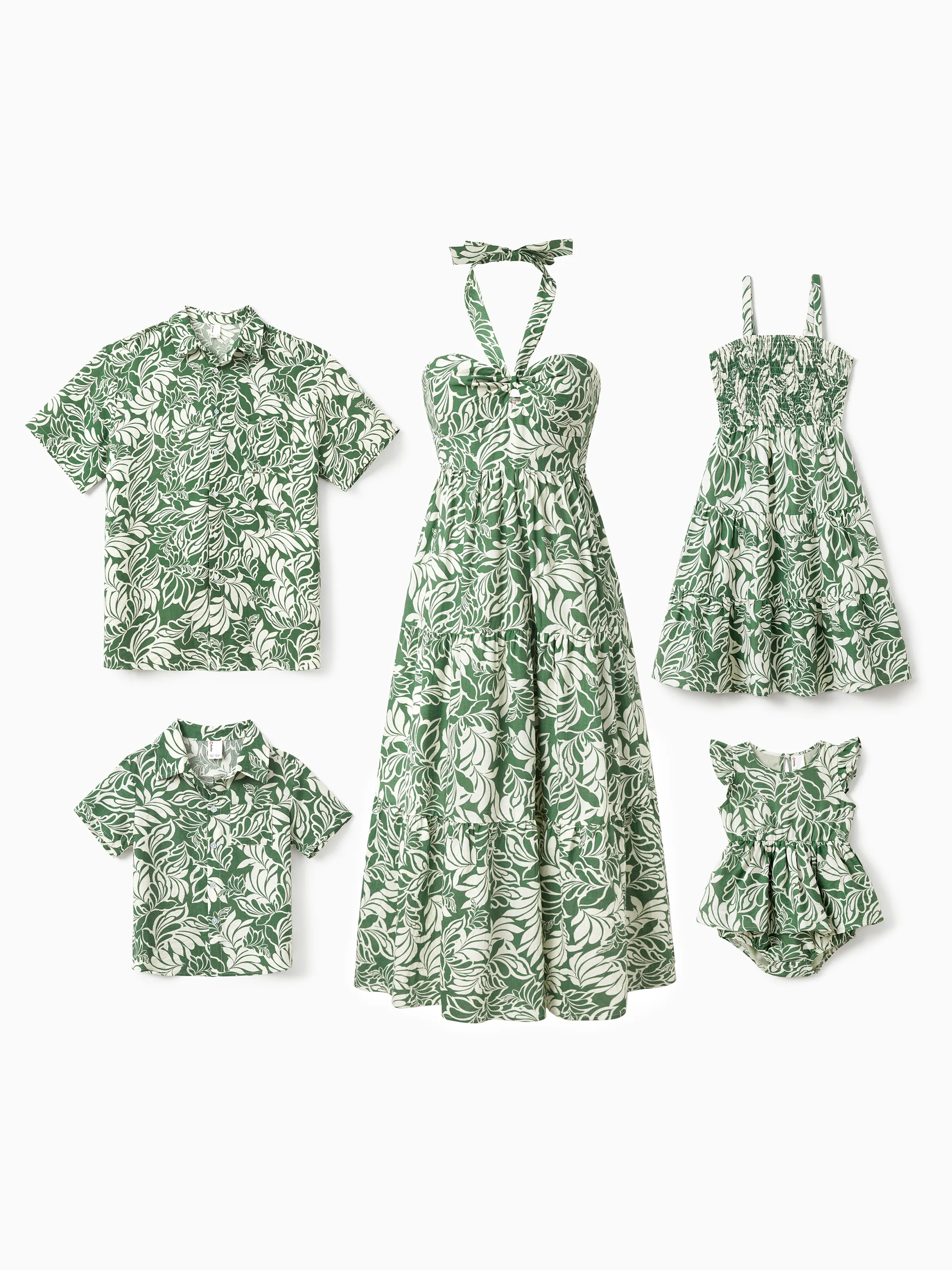 Chemise à manches courtes à imprimé feuille assortie ou robe dos nu vert ensemble 