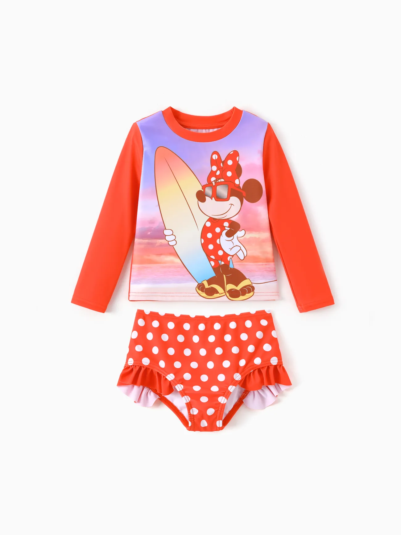 

Disney Mickey and Friends Toddler/Kid 2pcs Minnie Mouse Polka Dots Ruffled Long-sleeve Top And Shorts UPF 50+ Swimsuit