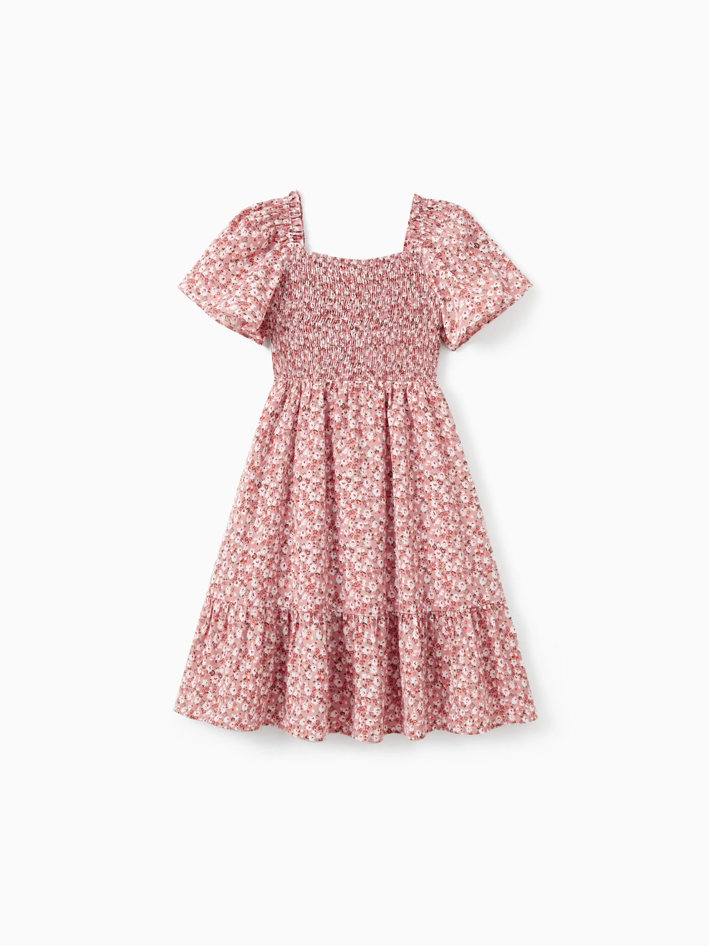 

Family Matching Blue Cotton Colorblock Tee Shirt or Flora Print Smocking Puff-sleeve Dress Set