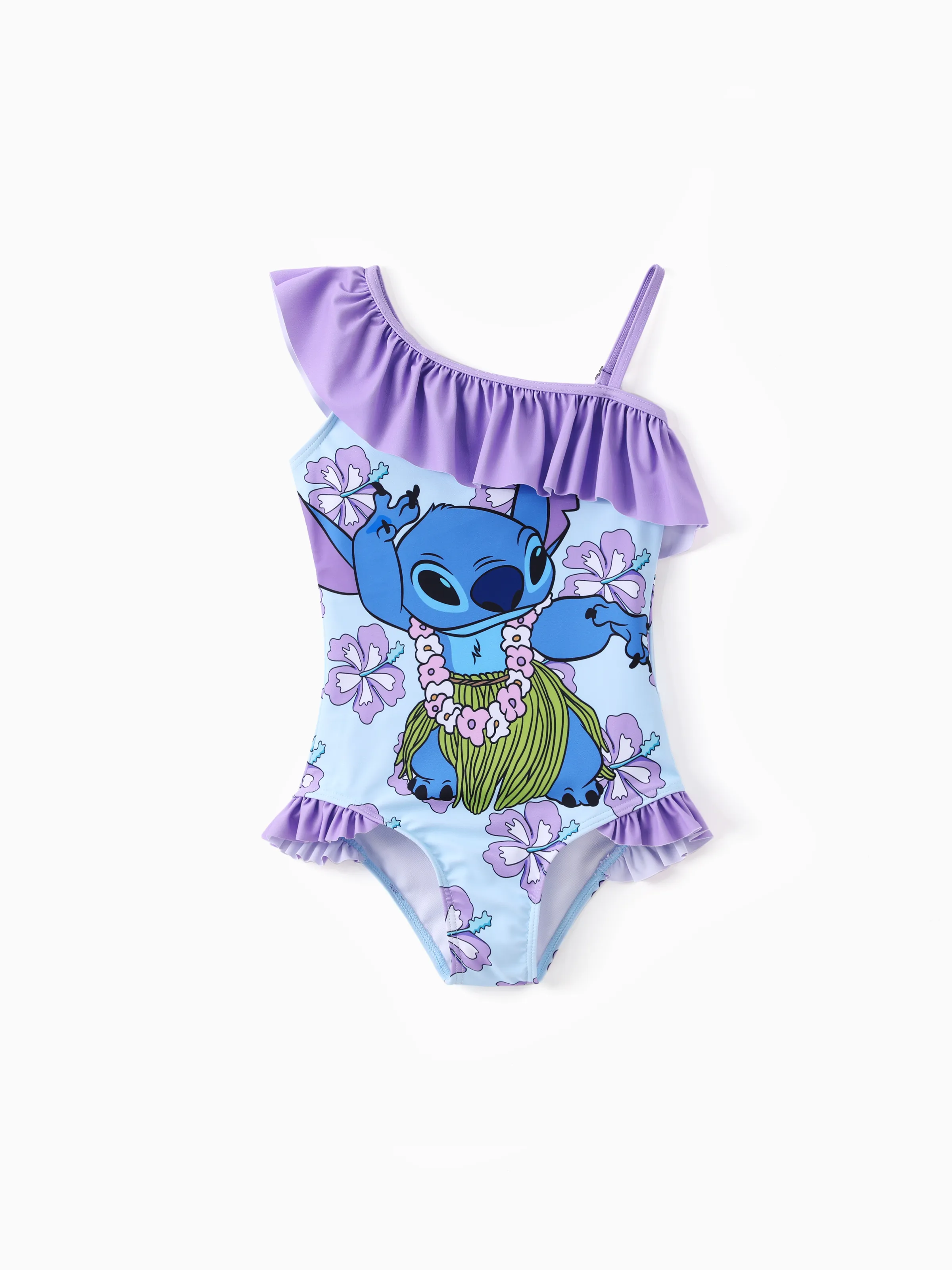 Disney Stitch Toddler/Kid Girl 1pc Floral/Colorful Striped Print Off-shoulder RuffledUPF 50+ Swimsuit