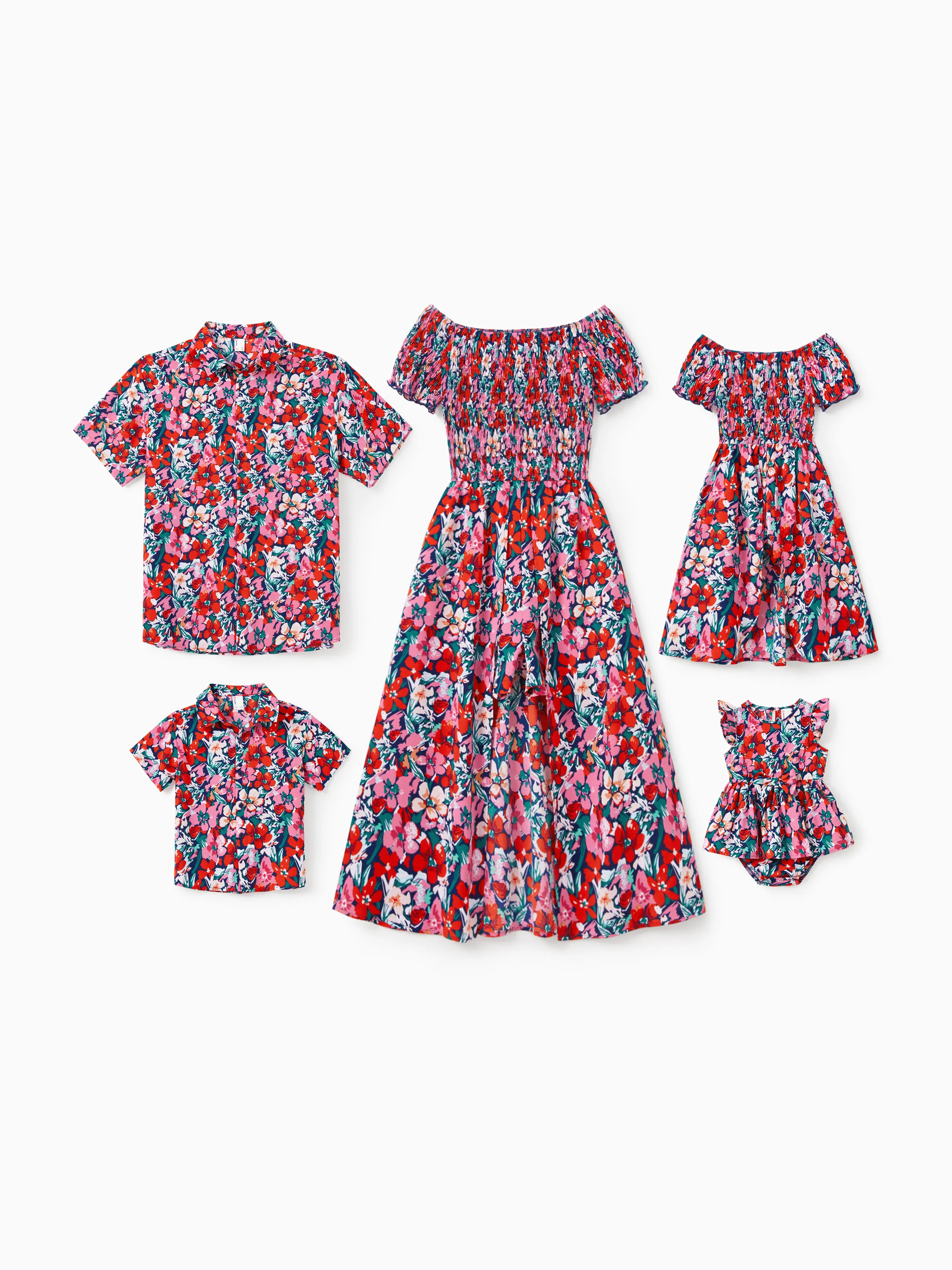 Famiglia Matching Floreale Stampa Camicia Manica Corta o Off Shoulder Smocking Dresses Set