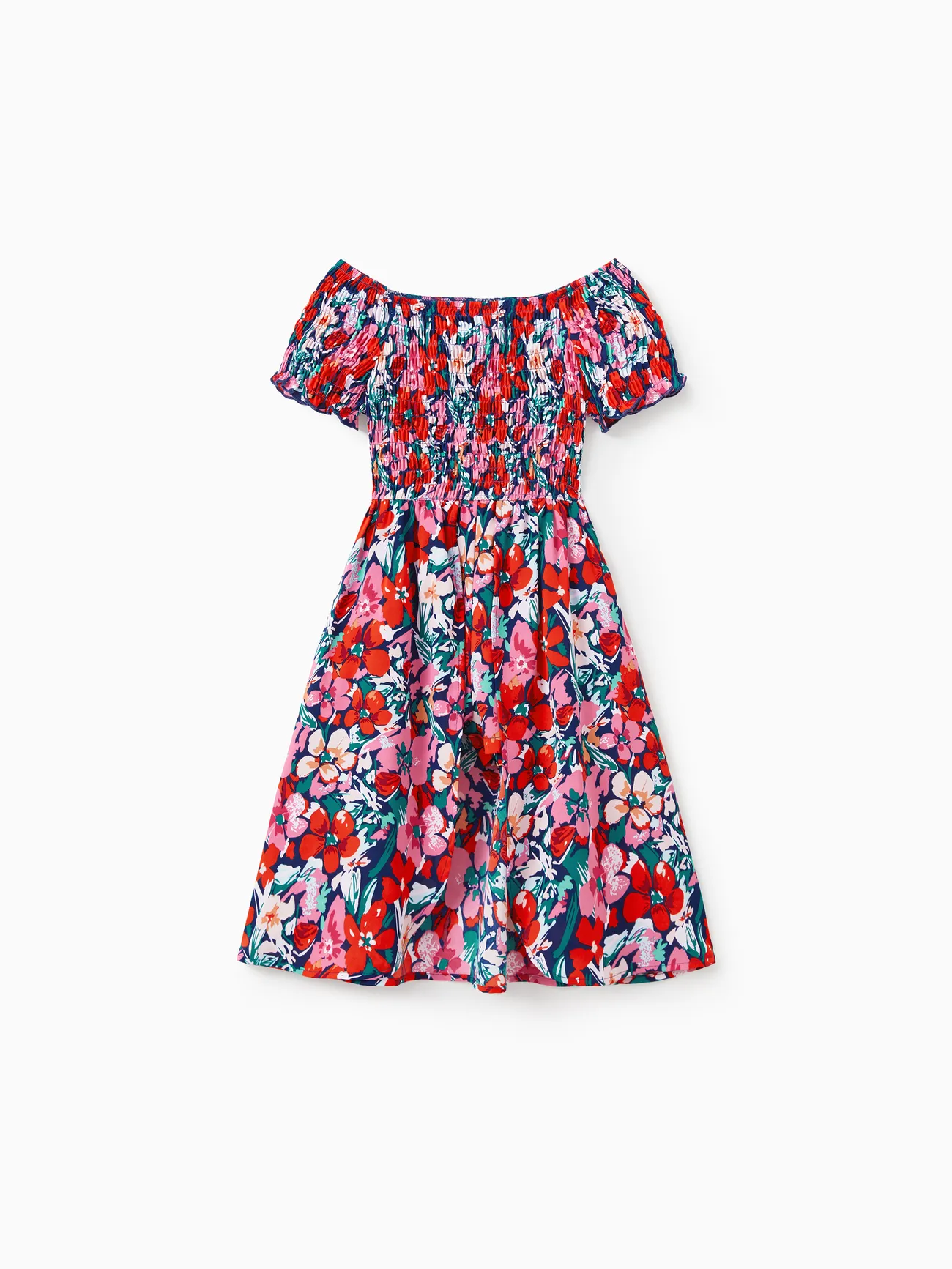 Girl - Family Vacation Outfits - Floral Print Off Shoulder Smocking Dresses and Matching Shirts - Dark Blue - image 10