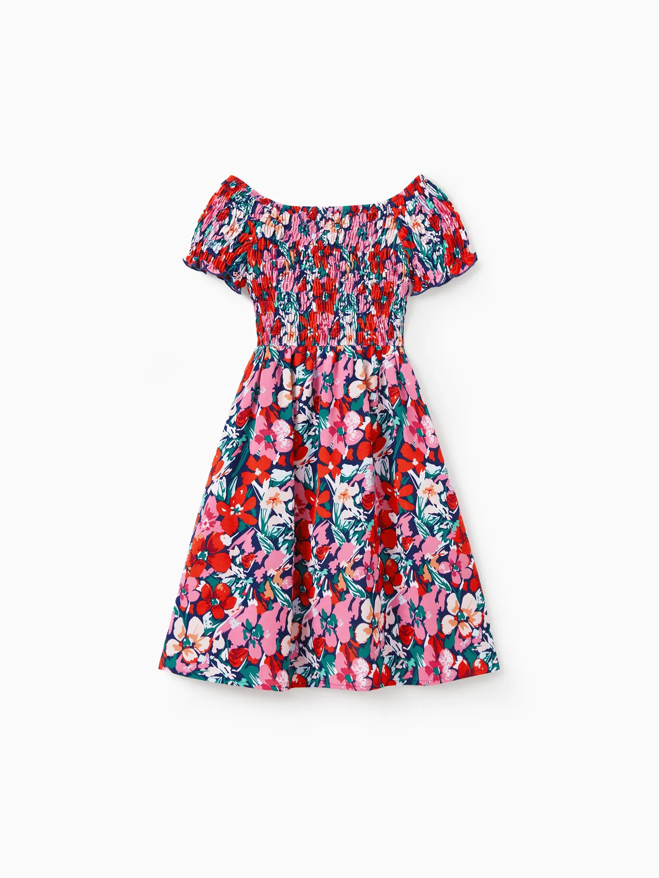 Girl - Family Vacation Outfits - Floral Print Off Shoulder Smocking Dresses and Matching Shirts - Dark Blue - image 11