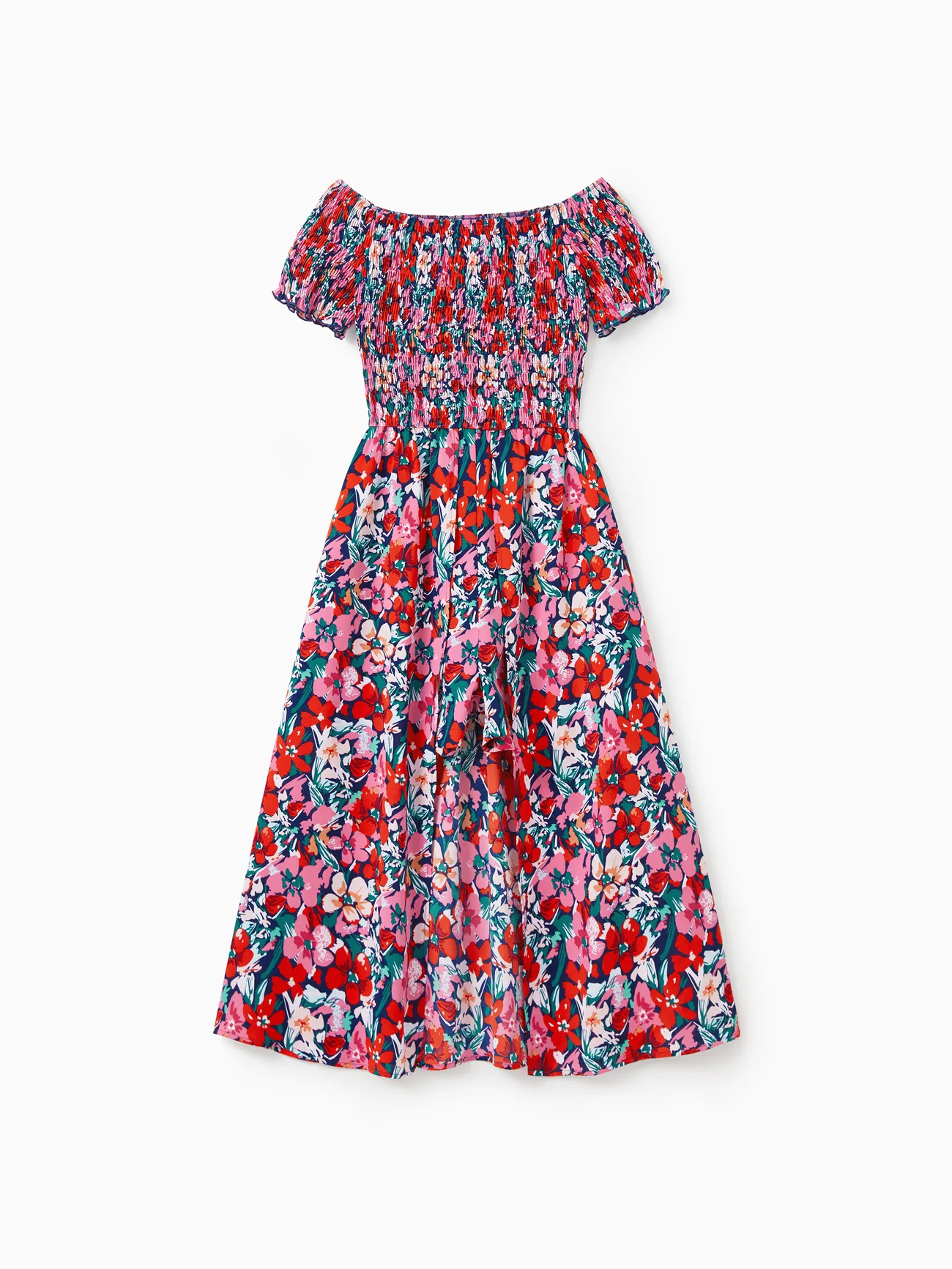 Women - Family Vacation Outfits - Floral Print Off Shoulder Smocking Dresses and Matching Shirts - Dark Blue - image 4