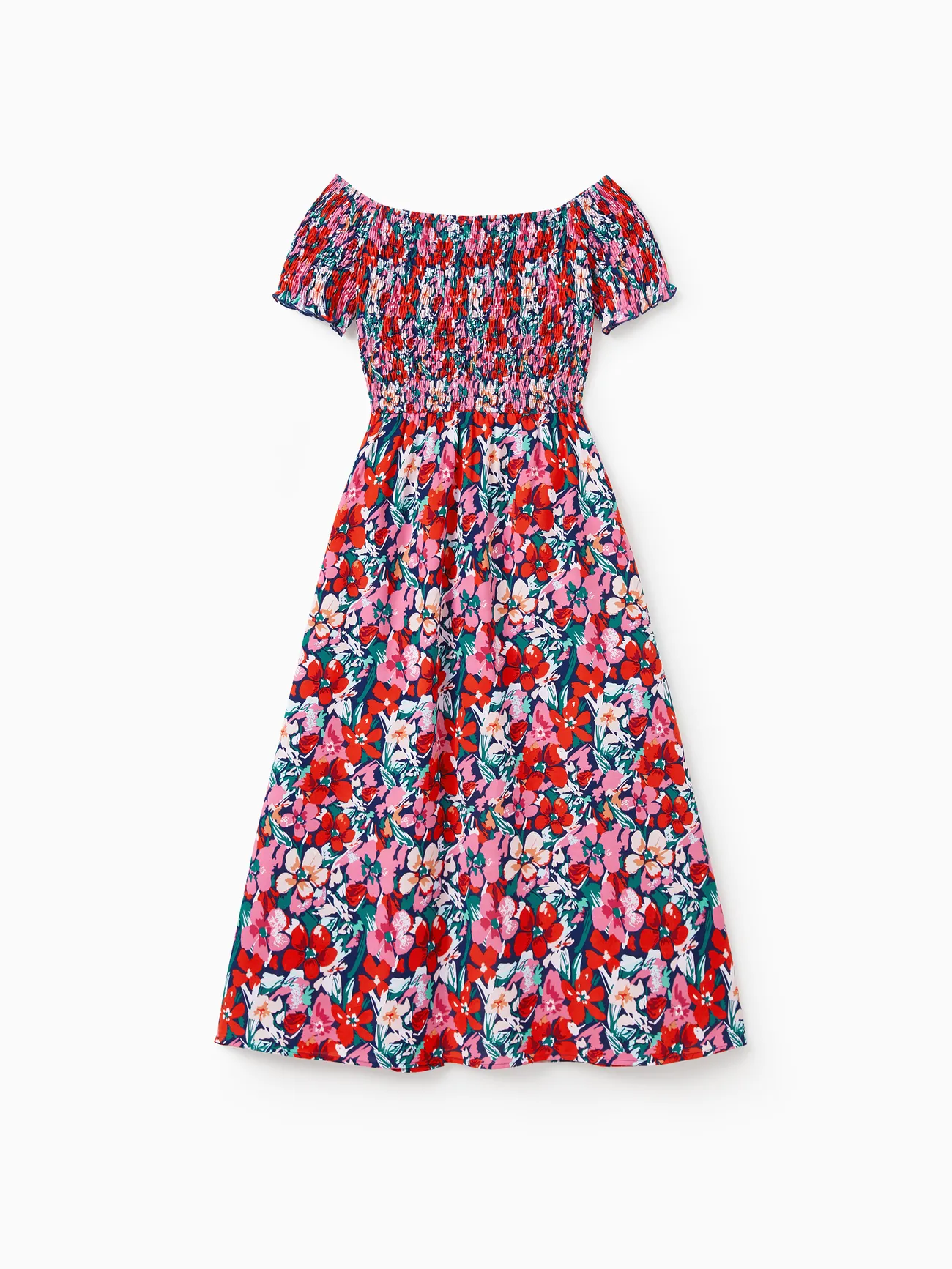 Women - Family Vacation Outfits - Floral Print Off Shoulder Smocking Dresses and Matching Shirts - Dark Blue - image 5
