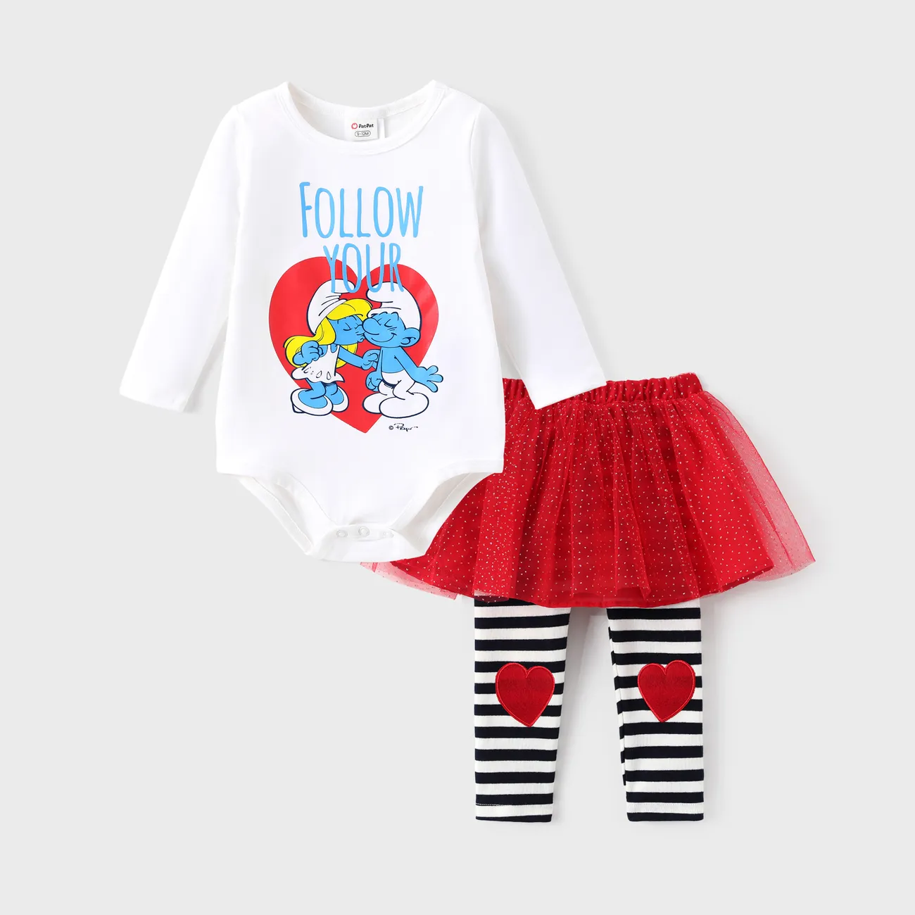 The Smurfs Baby Girl 2pcs Cotton Valentine's Heart-shaped Striped Jumpsuit And Tulle Pantskirt Set