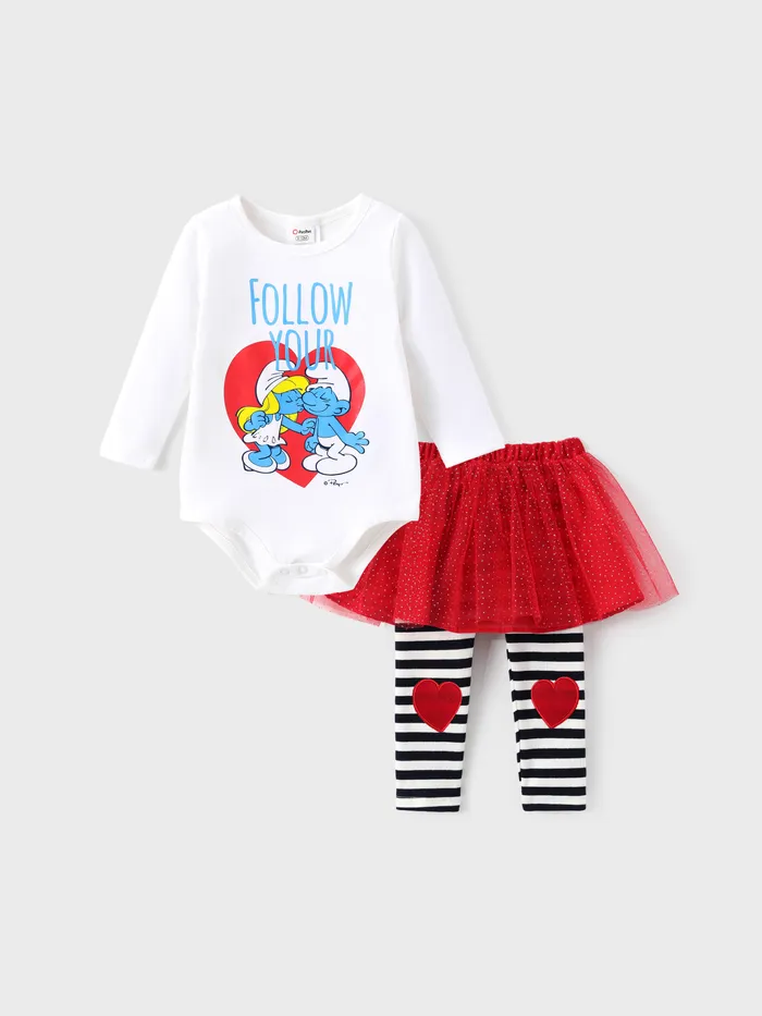 The Smurfs Baby Girl 2pcs Cotton Valentine's Heart-shaped Striped Jumpsuit And Tulle Pantskirt Set