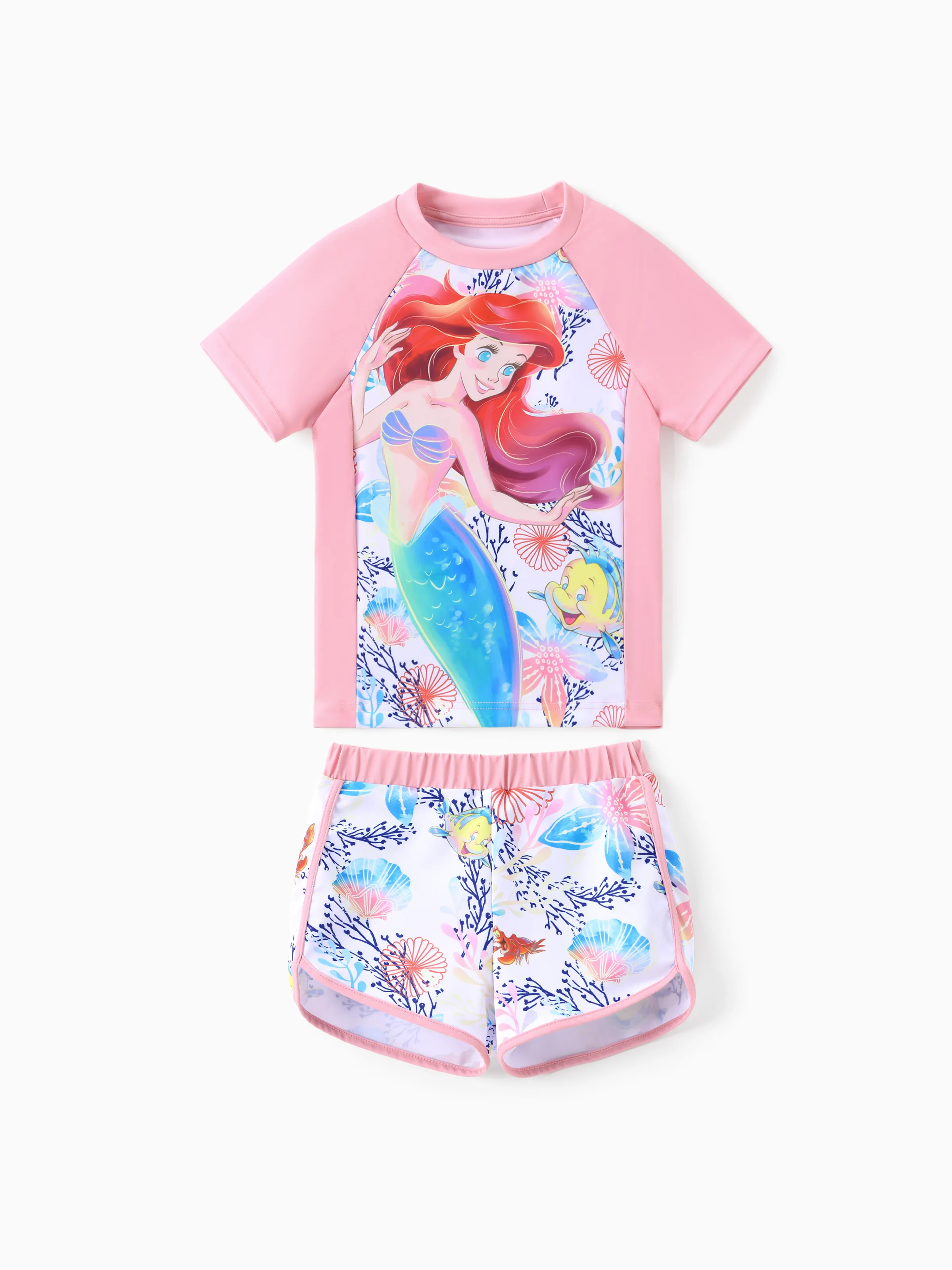 

Disney Princess Toddler Girl 2pcs Moana/Ariel Floral/Shell Print Colorblock UPF50+ Sun Protection Short-sleeve Top and Trunks Swimsuit Set