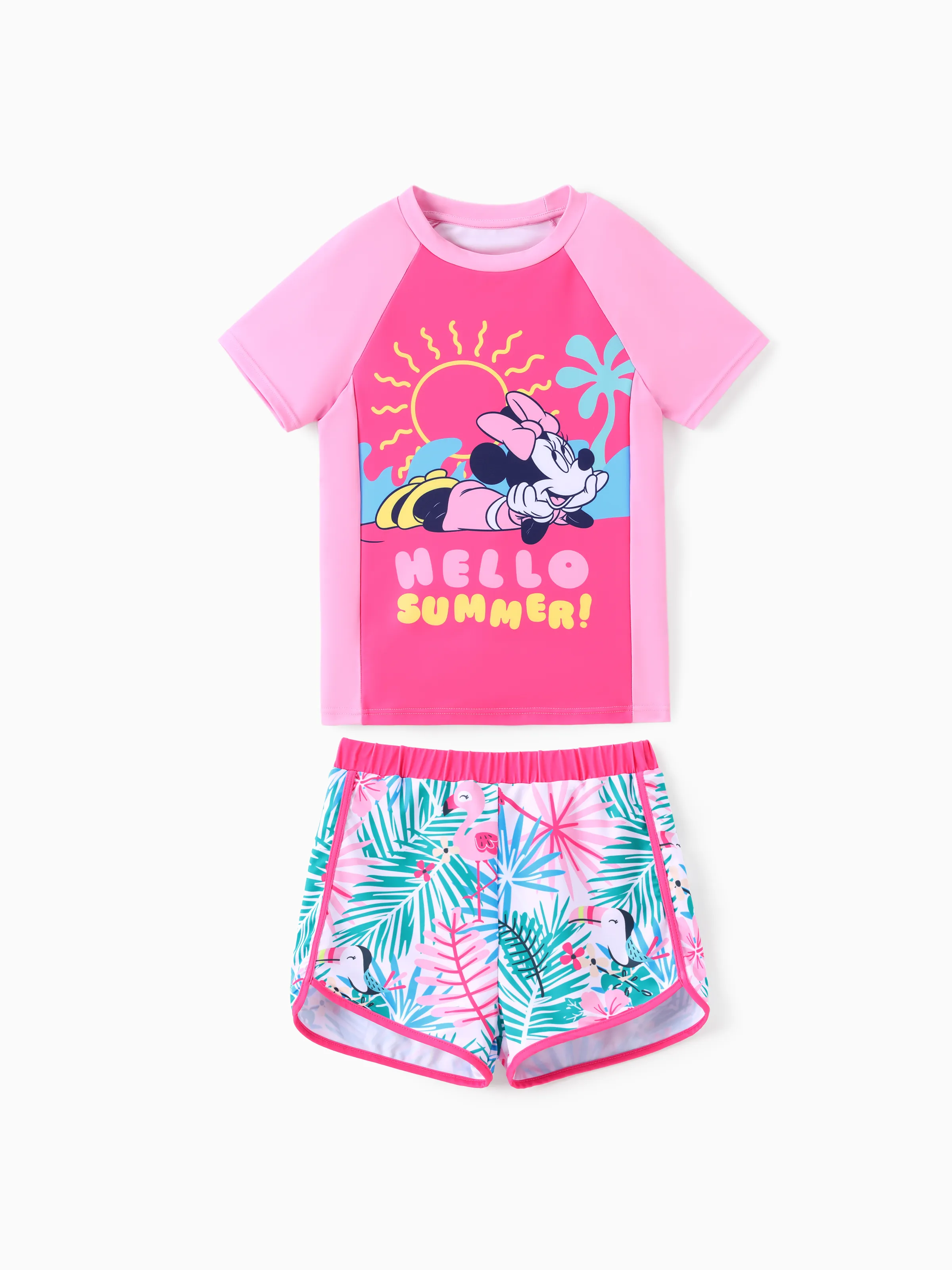 

Disney Mickey and Friends Kid Girl 2pcs Minnie Mouse Tropical Floral Colorblock Print Sun Protection Short-sleeve Tops and Trunks Swimsuit Set