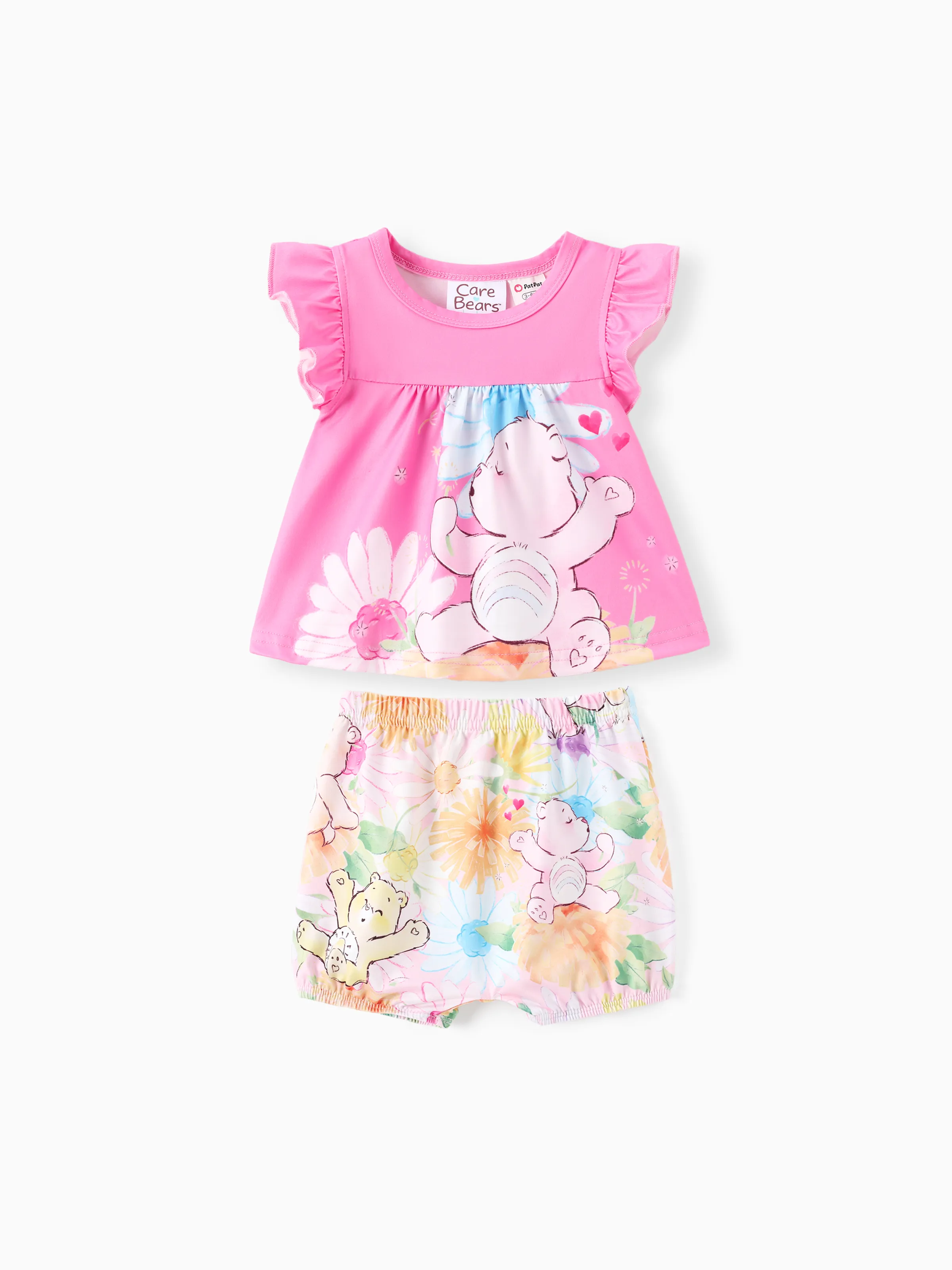 Care Bear Baby Girl 2pcs Character Floral Flutter Sleeve Top And Shorts Set 