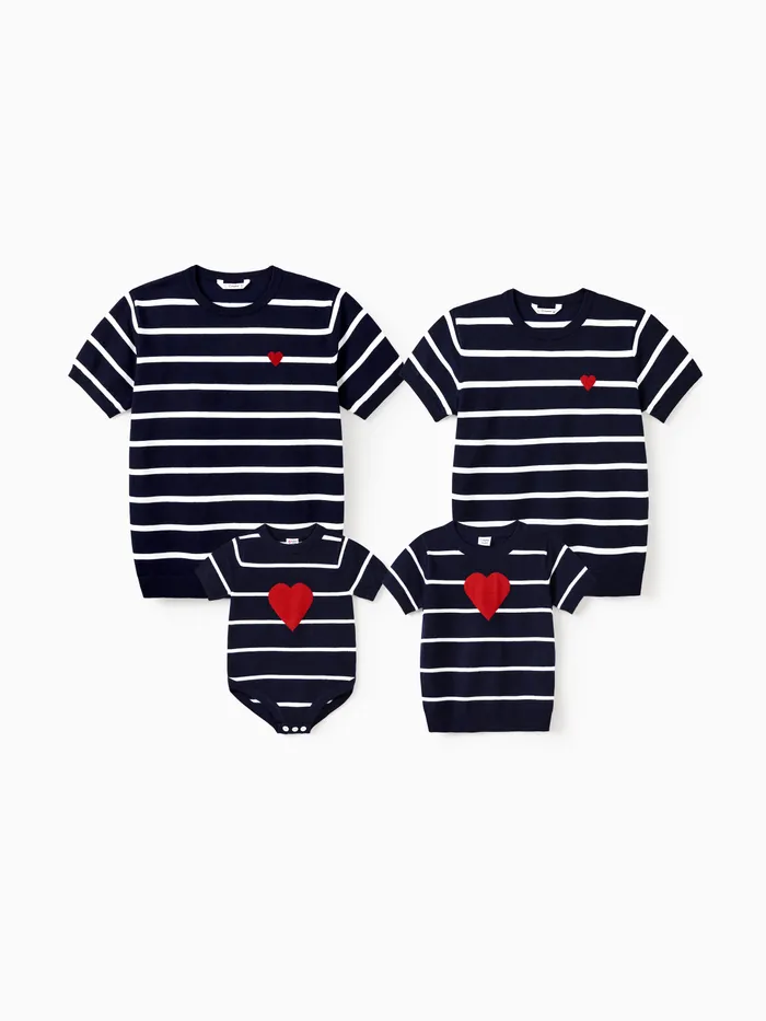 Valentine's Day Outfits - Knit Stripe Heart T-shirt Blue for Family Matching