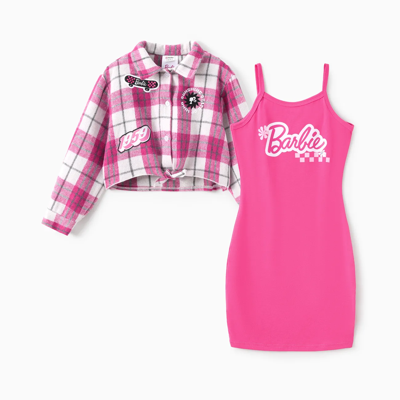 Barbie Kid Girl 2pcs Cotton Plaid Knotted Shirt Cardigan And Sling Dress Set