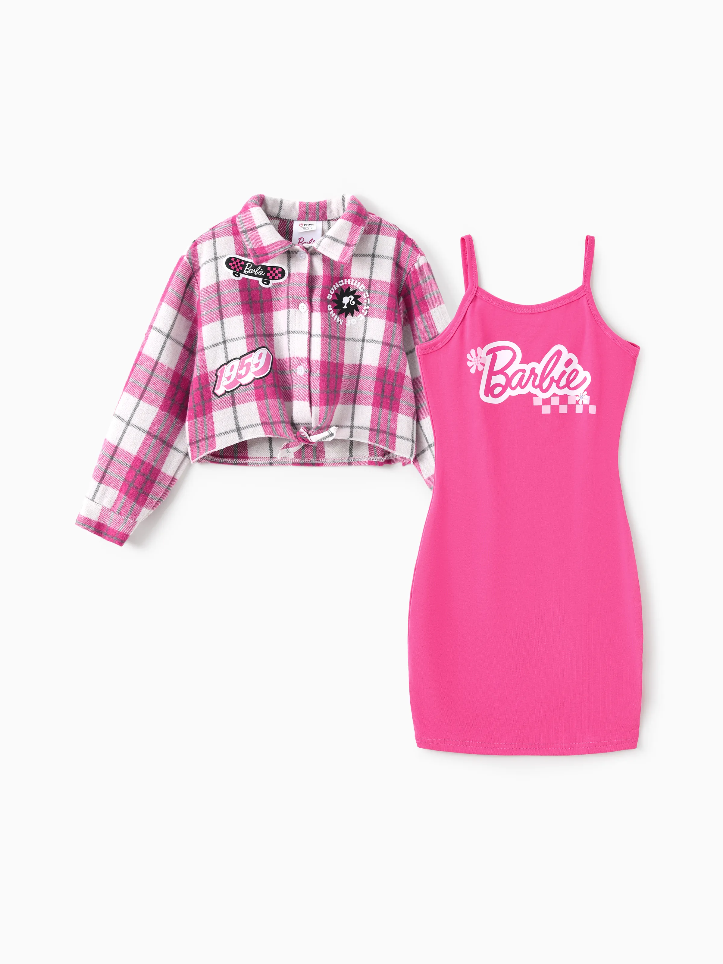 

Barbie Kid Girl 2pcs Cotton Plaid Knotted Shirt Cardigan And Sling Dress Set