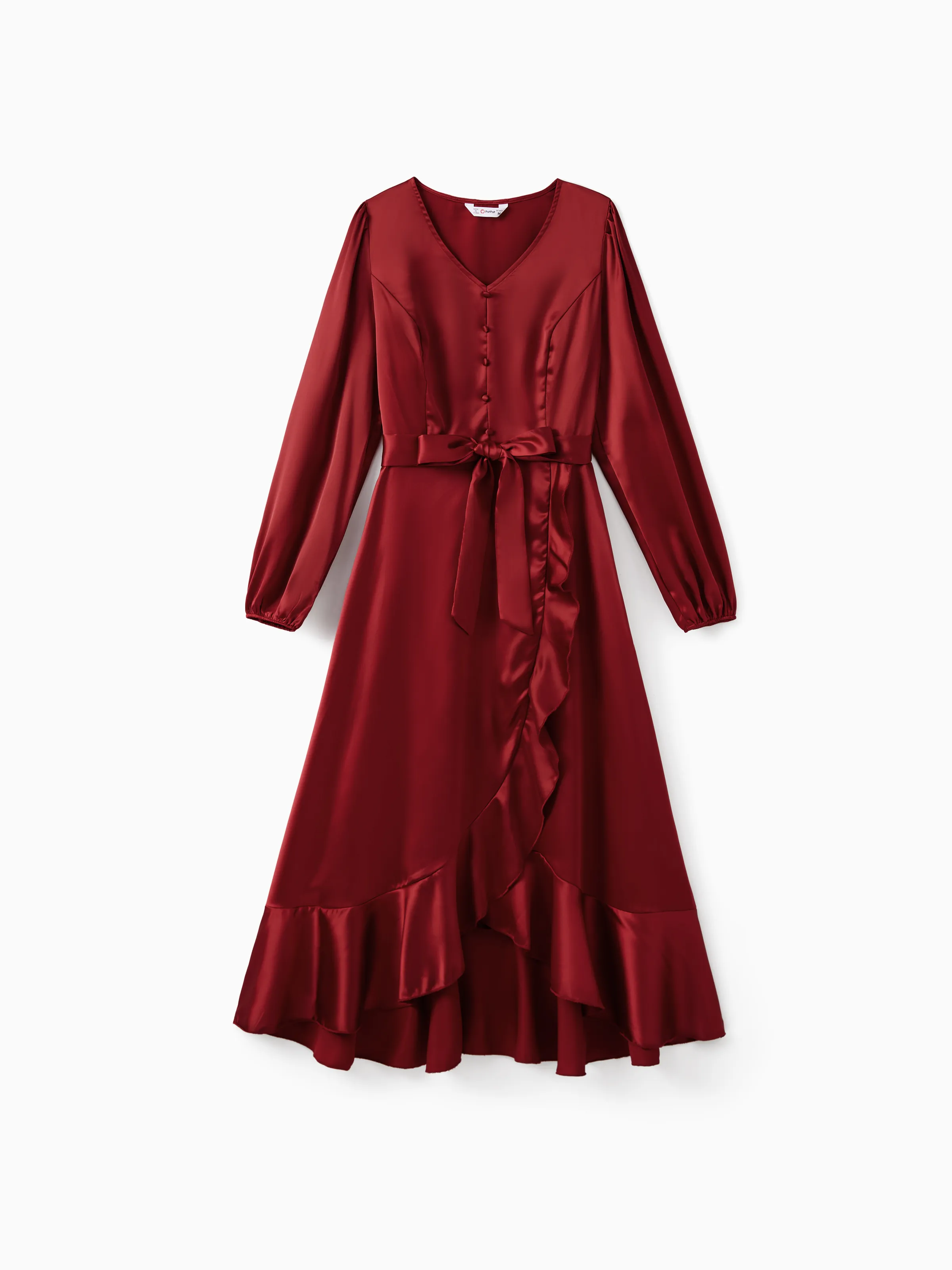 

Red Matching Family Outfits Silky Satin Long Puff Sleeves Dress or Plaid Shirt