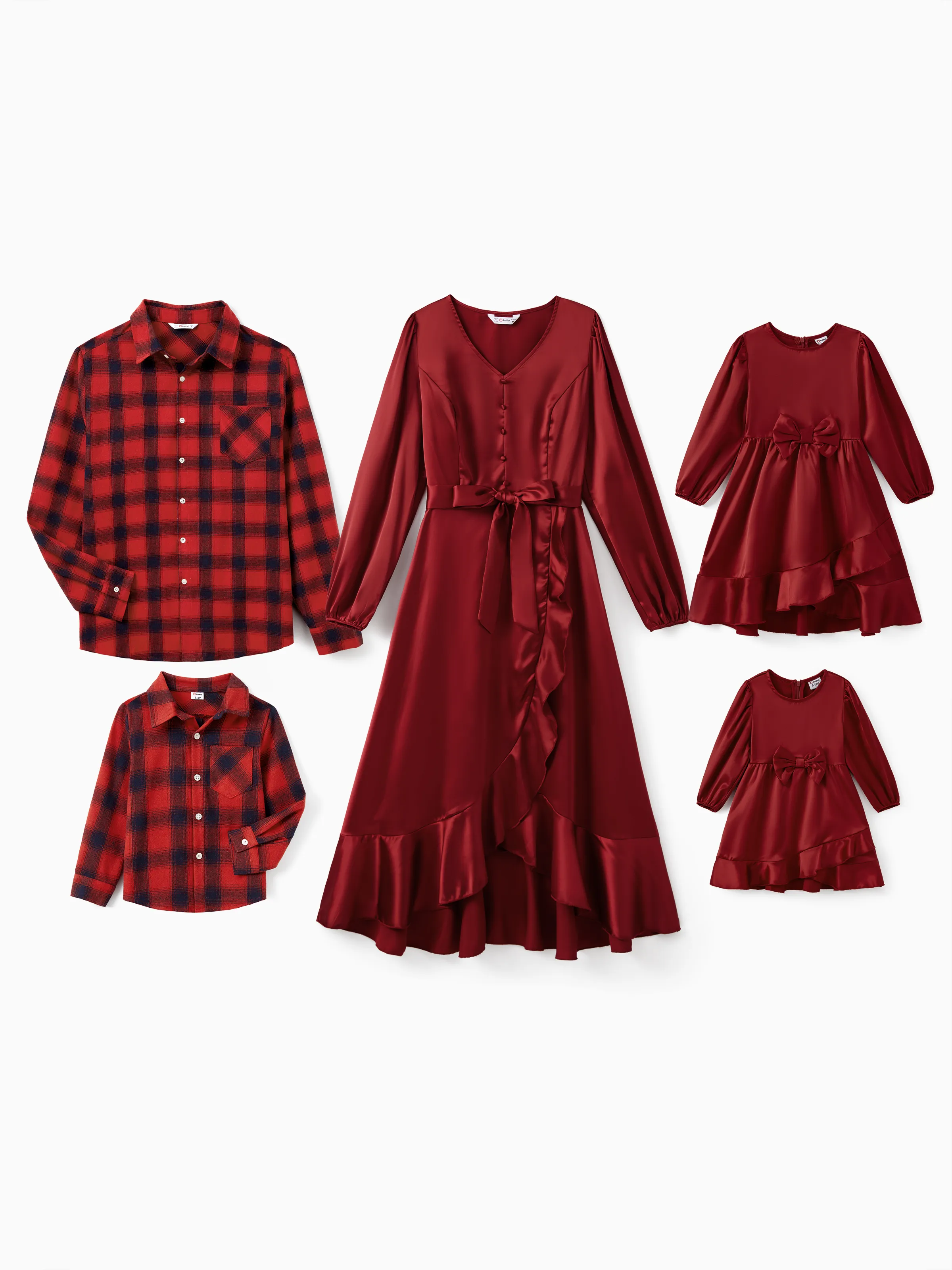 Rosso Abbinato Famiglia Abiti Silky Raso Maniche Lunghe A Sbuffo Abito o Camicia Plaid