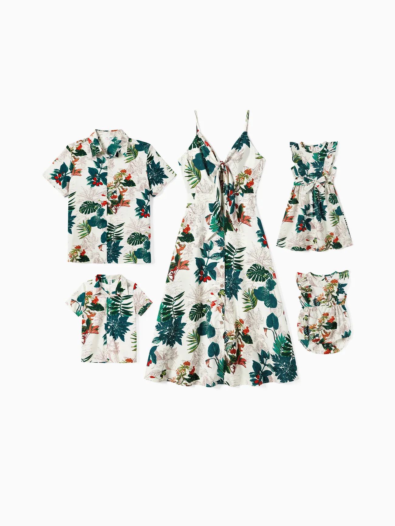 Family Matching Allover Plant Floral Print Dresses and Short-sleeve Shirts Sets - Green - image 1
