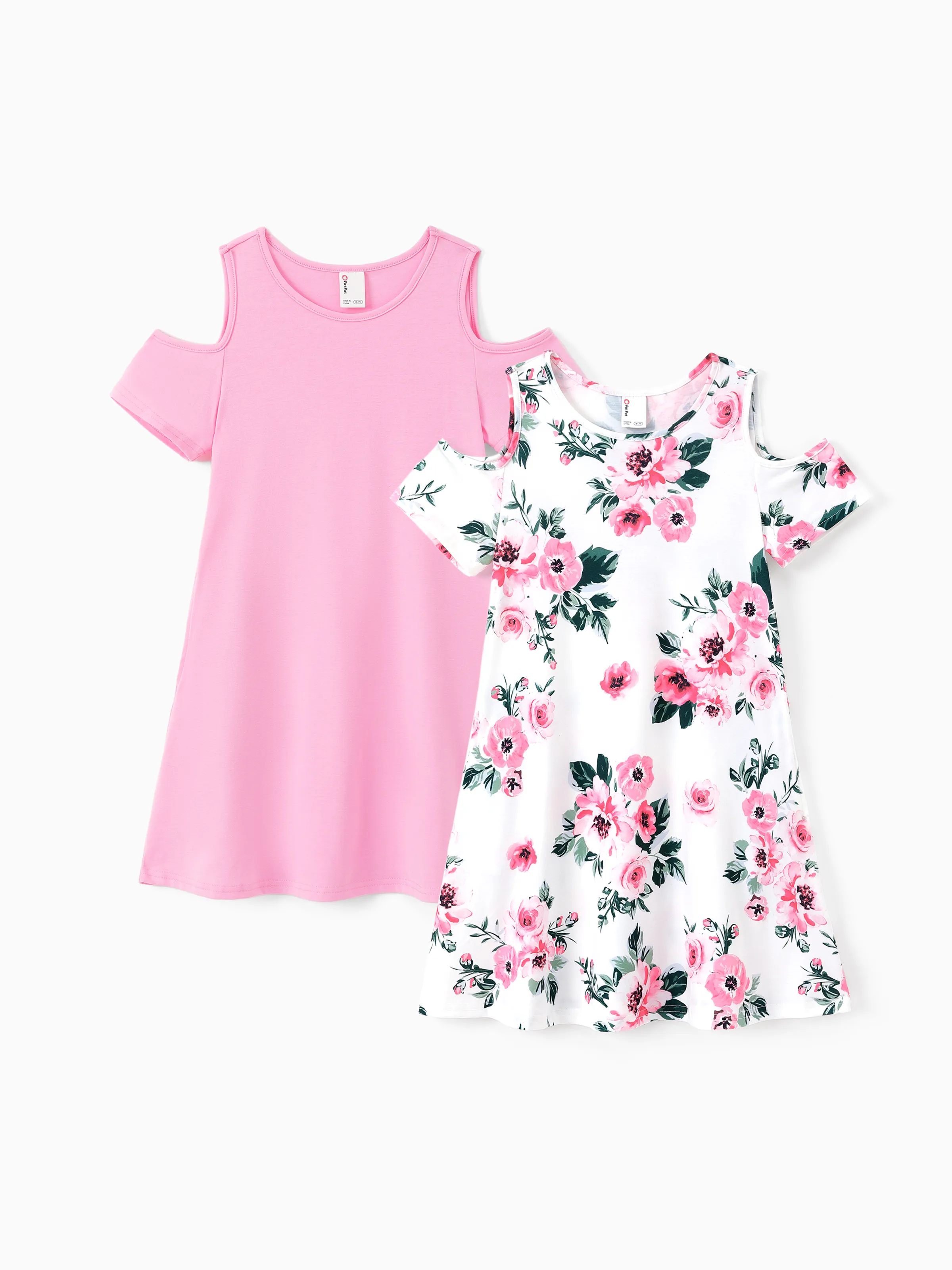 2pcs Kid Girl Floral & Solid Hollow-out Casual Dresses