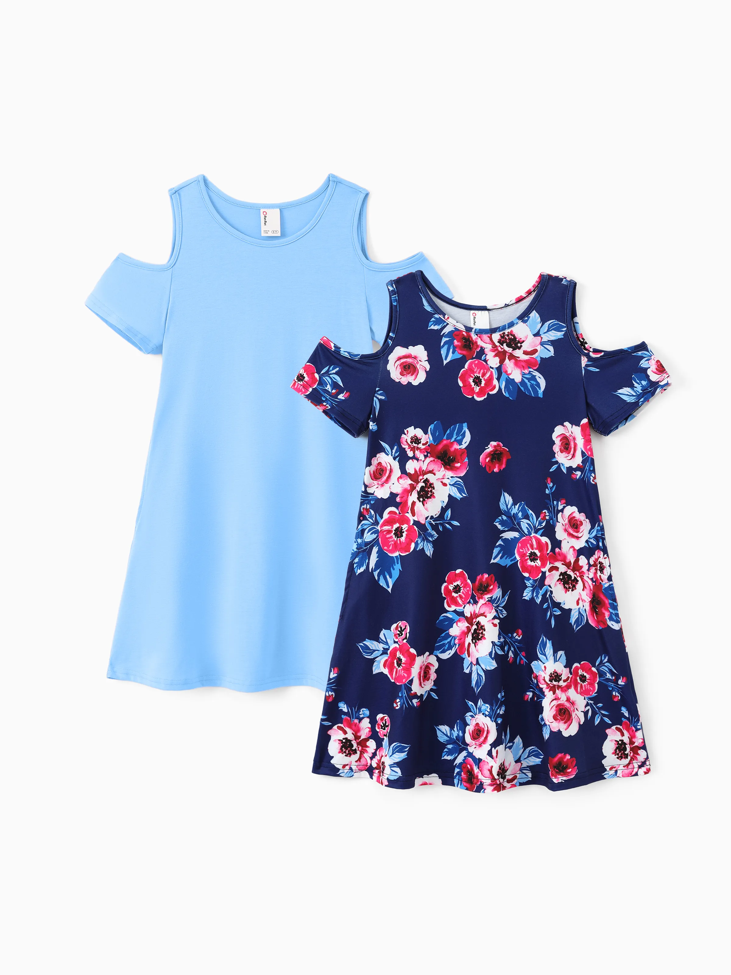 

2pcs Kid Girl Floral & Solid Hollow-out Casual Dresses