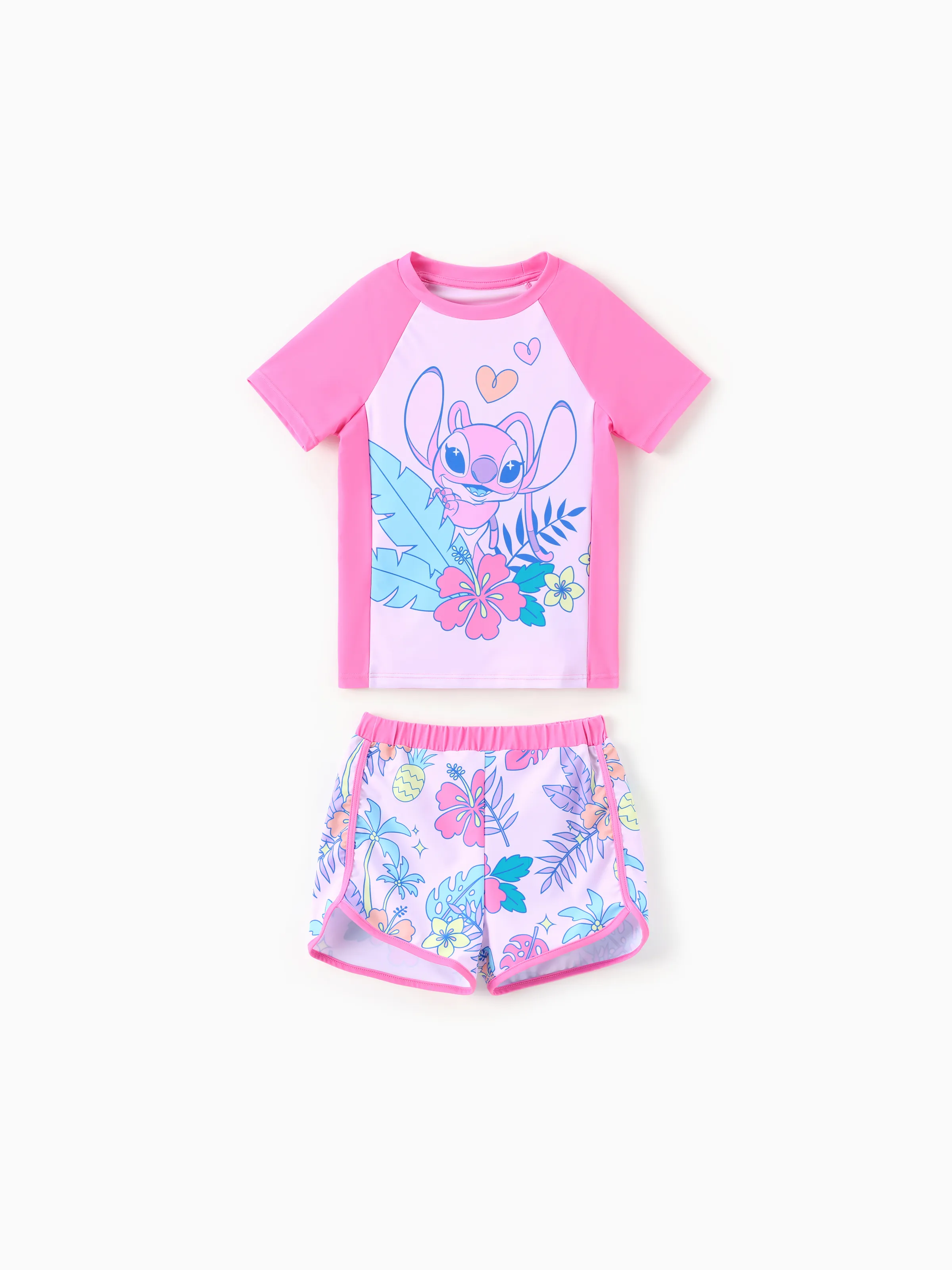 

Disney Stitch Kid Girl 2pcs Character Tropical Floral Colorblock Print Sun Protection Short-sleeve Tops and Trunks Swimsuit Set