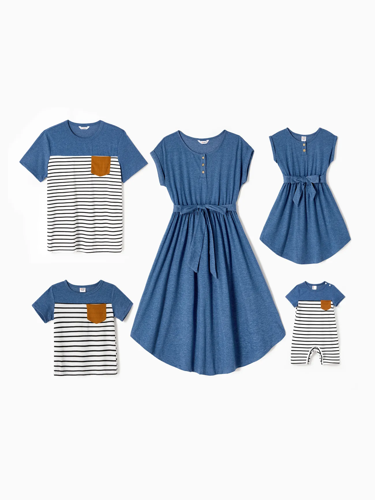 Family Matching Soft Casual Outfit with Below Knee Dresses, Front Buttons, Belted Design - Blue - image 1