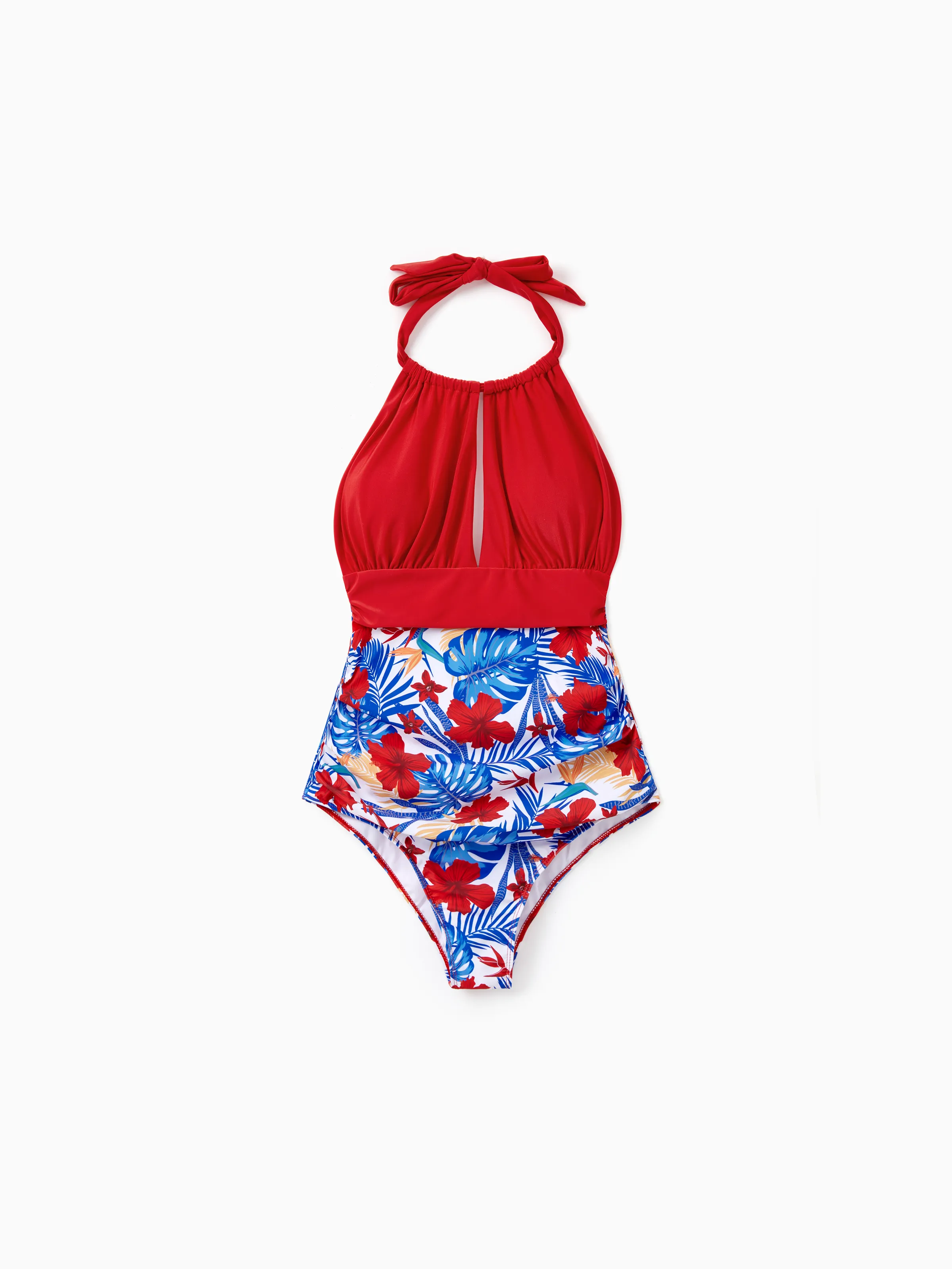 

Family Matching Allover Plant Print Swim Trunks or Scallop Trim One-piece Halter Backless Swimsuit