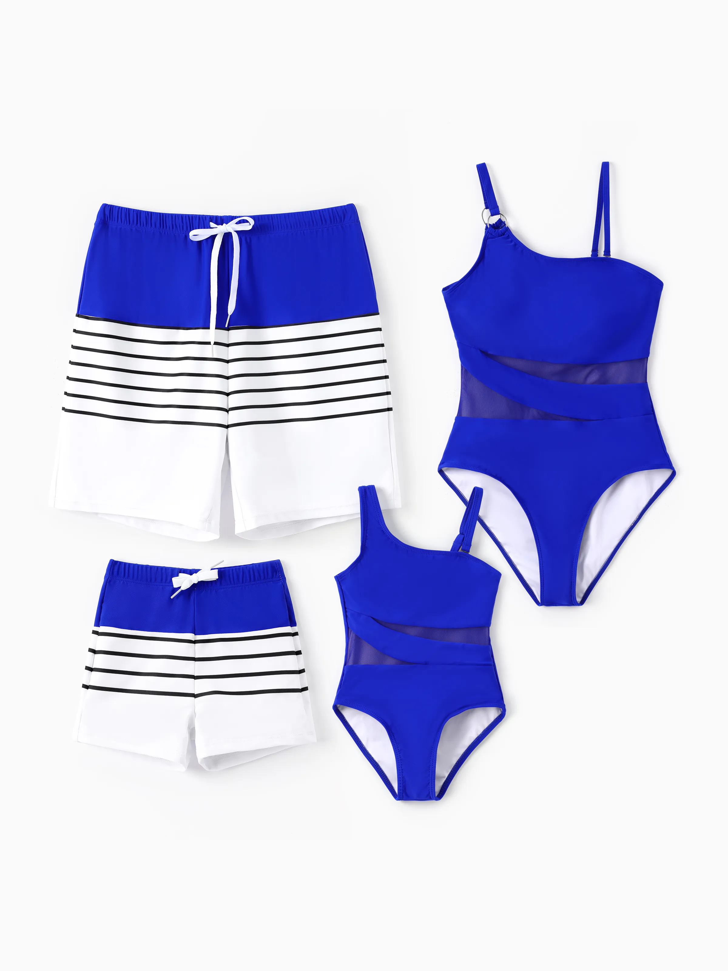 Family Matching Blue Drawstring Swim Trunks or Blue  One-Piece Strap Swimsuit
