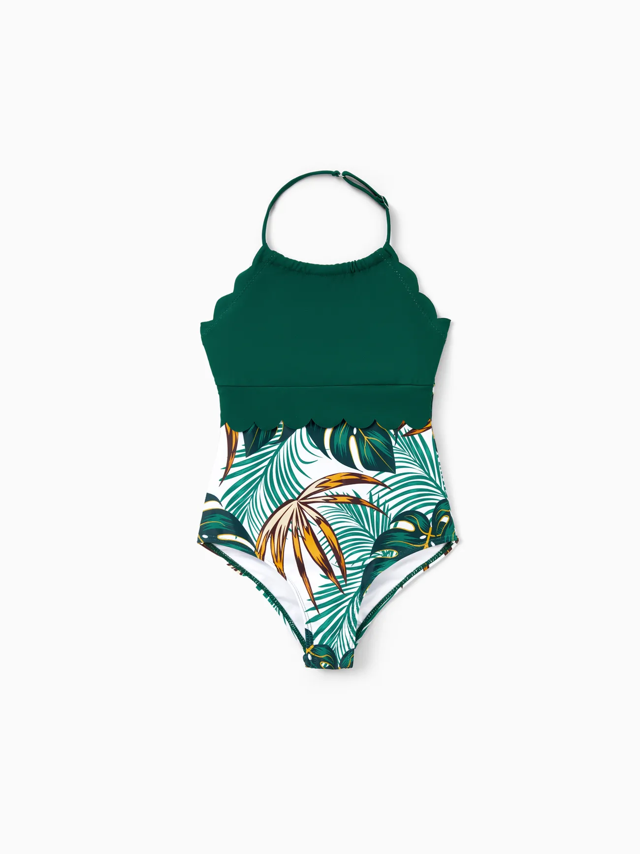 Girl - Matching Family Bathing Suits Dark Green - Plant Print V Neck One-Piece Swimsuit & Swim Trunk - Dark Green - image 9