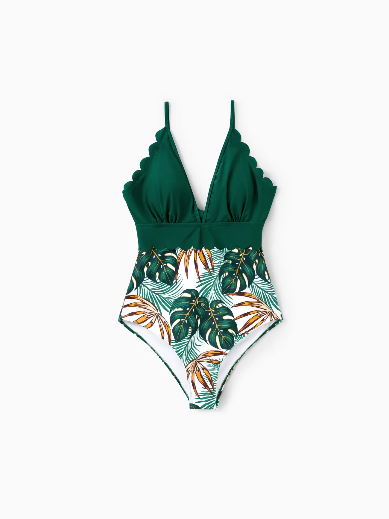 Women - Matching Family Bathing Suits Dark Green - Plant Print V Neck One-Piece Swimsuit & Swim Trunk - Dark Green - image 4
