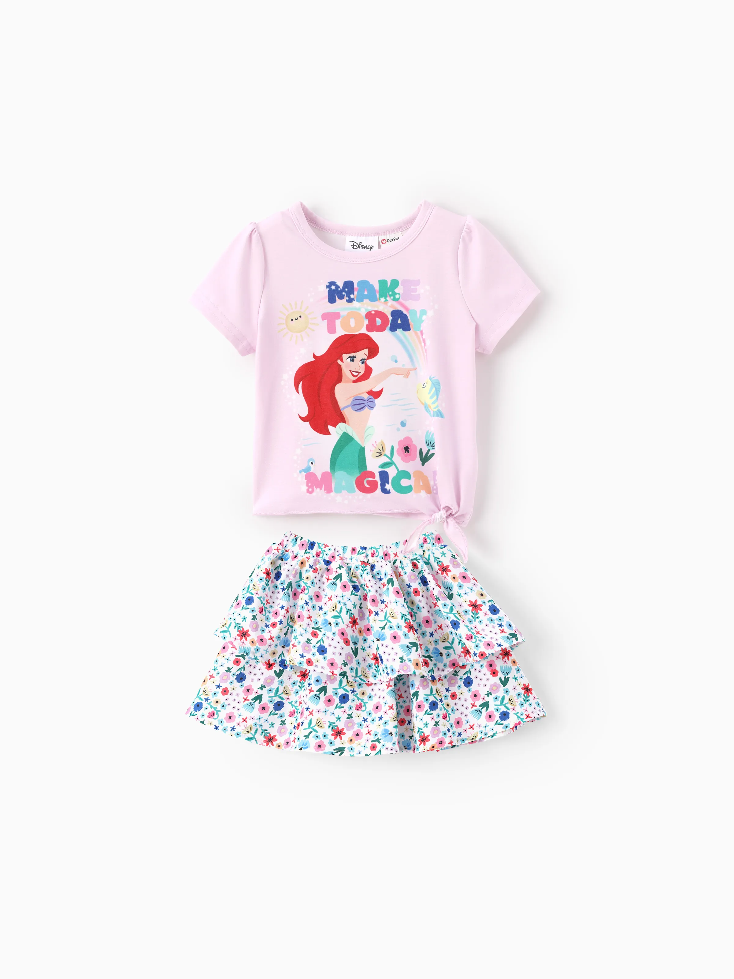 

Disney Princess Toddler Girl 2pcs Naia™ Moana/Ariel Floral/Striped Print Knot Short-sleeve Top And Cake Skirt Set