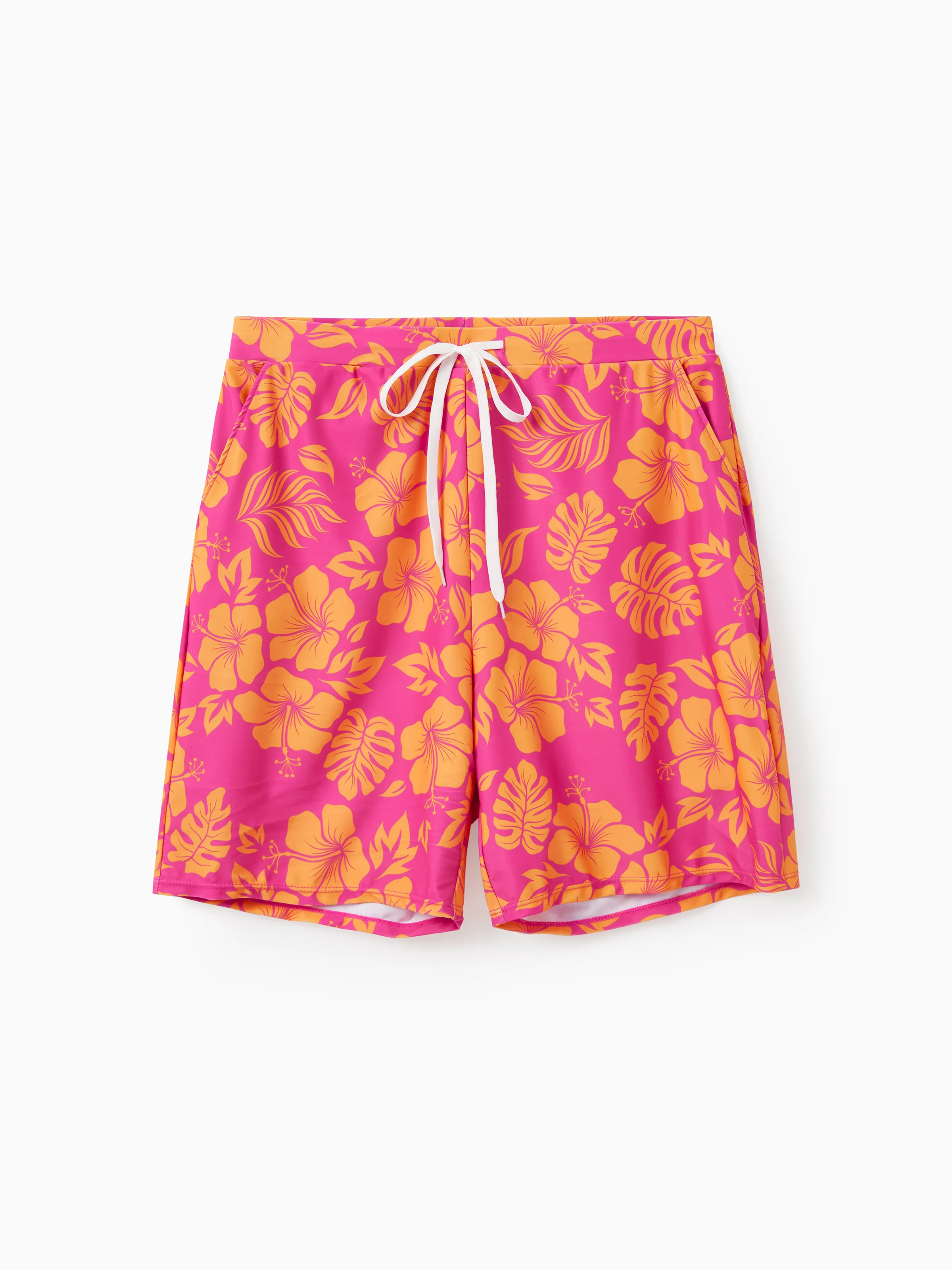 

Tropical Floral Pattern Hot Pink Drawstring Swim Trunks or Two-Piece Bikini with Cover Up Sarong Skirt and a Headband Matching Swimsuit Set for Couples