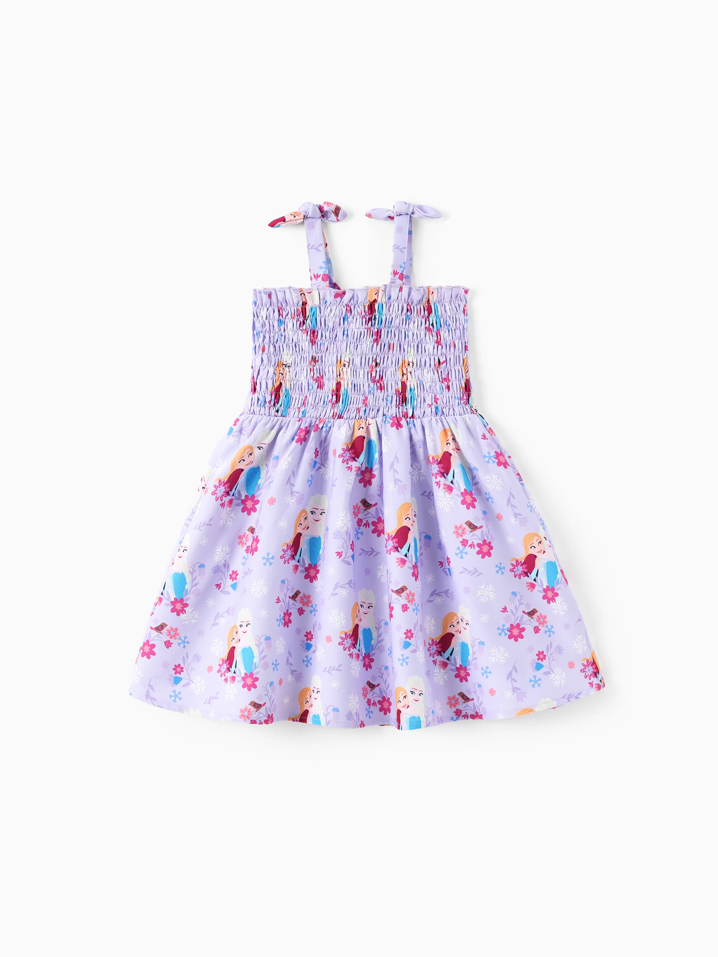 Disney Frozen Toddler Girl 1pc Elsa Snowflake Print Bowknot Smocked Dress