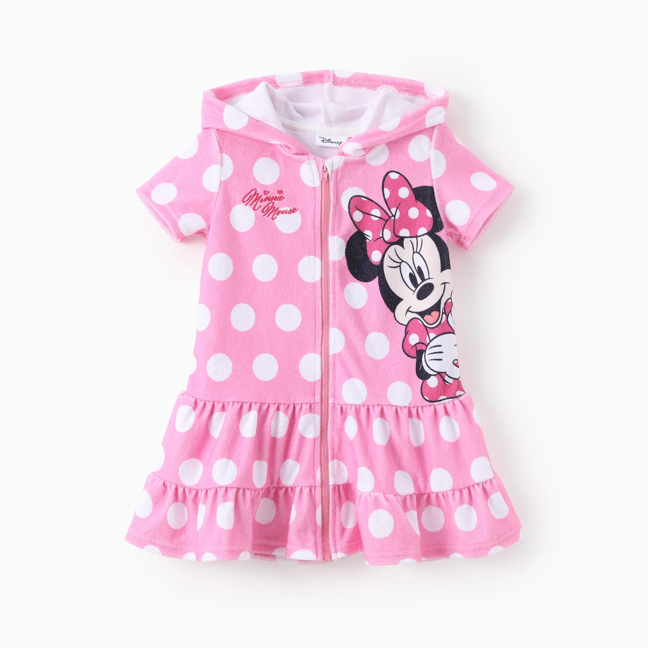 Disney Mickey and Friends Toddler Girl 1pc Minnie Mouse Polka Dot Pattern Hooded Zipper Ruffle-hem Swim Cover-up