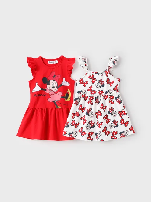 

Disney Mickey and Friends Toddler Girl 2-pack Cotton And Naia™ Minnie Mouse Floral/Bowknot Print Ruffle-sleeve Dresses