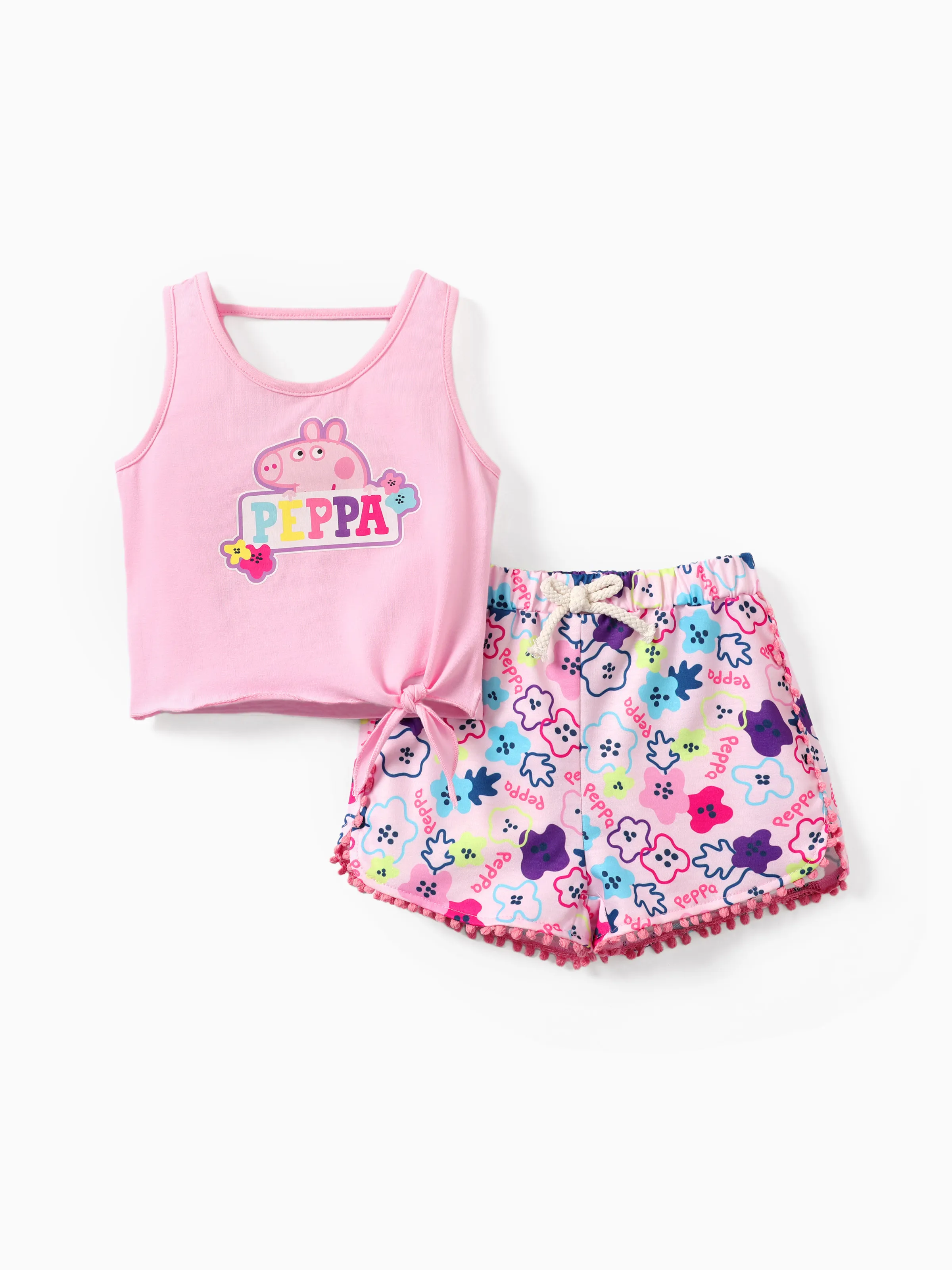 

Peppa Pig 2pcs Toddler Girls Character Print Tank Top and Striped/ all-over Floral Print Shorts Set