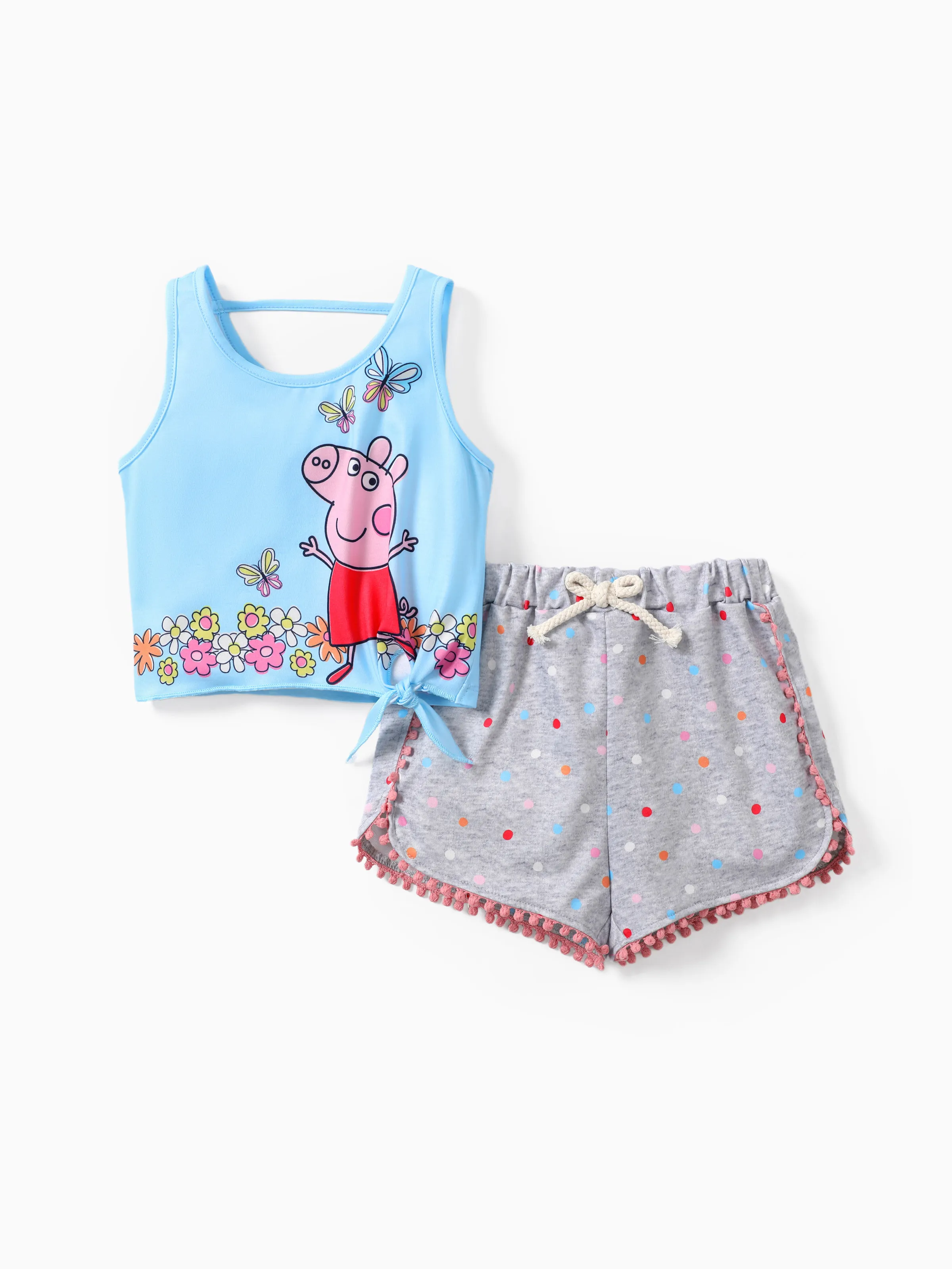 

Peppa Pig 2pcs Toddler Girls Character Print Tank Top and Striped/ all-over Floral Print Shorts Set