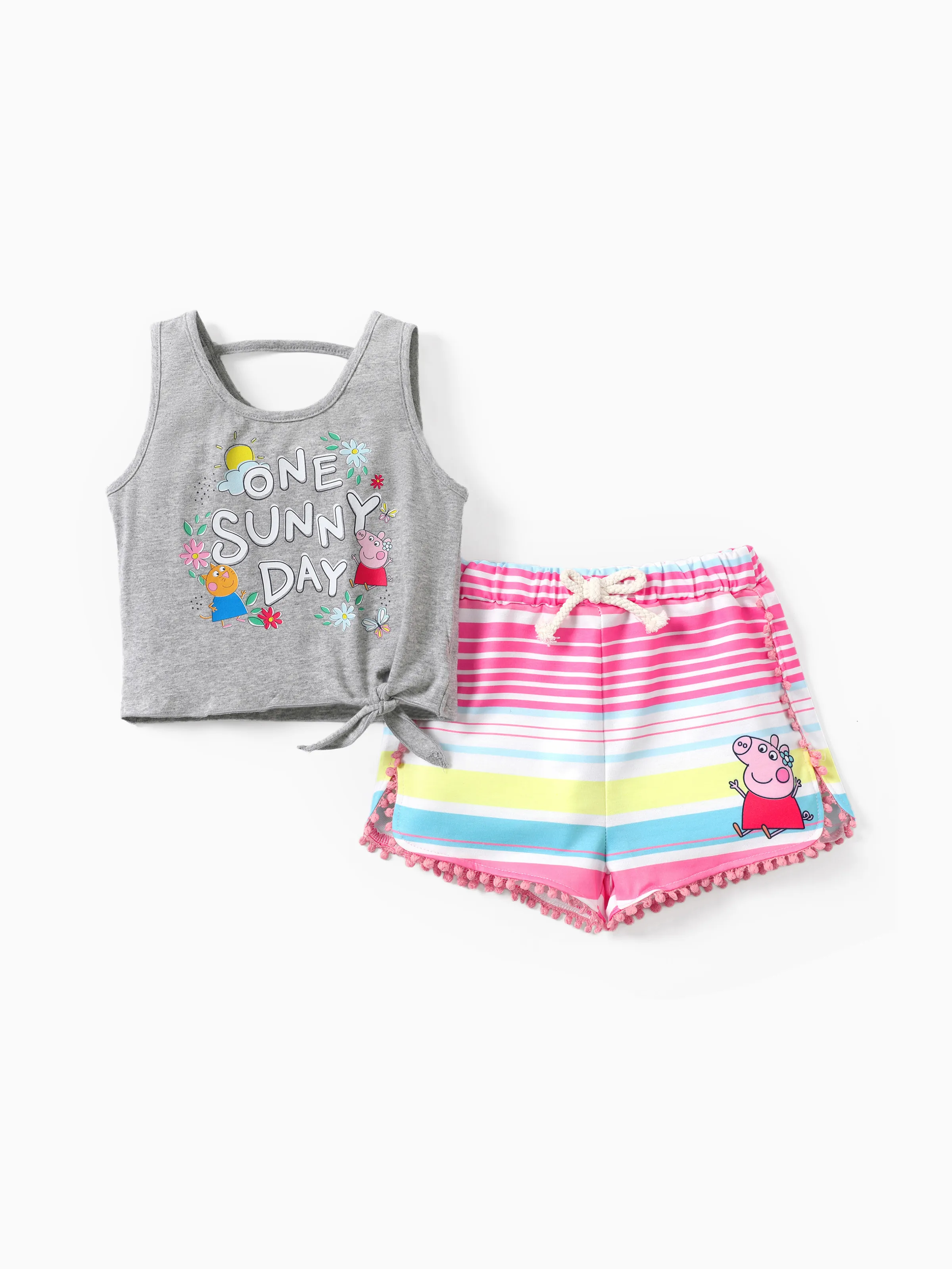 

Peppa Pig 2pcs Toddler Girls Character Print Tank Top and Striped/ all-over Floral Print Shorts Set