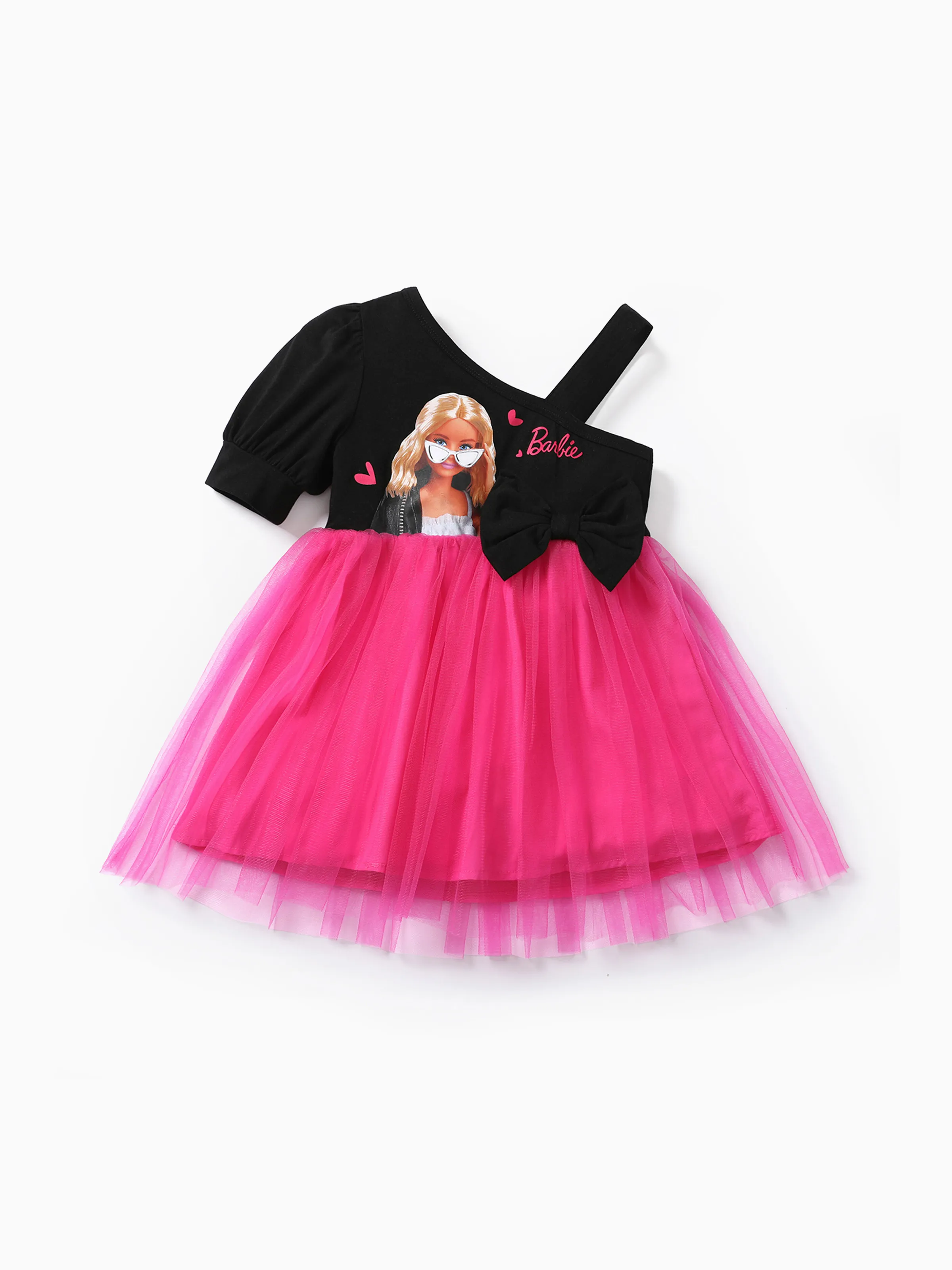 

Barbie Toddler Girl Mother's Day Bowknot Design Cotton One Shoulder Mesh Splice Dress