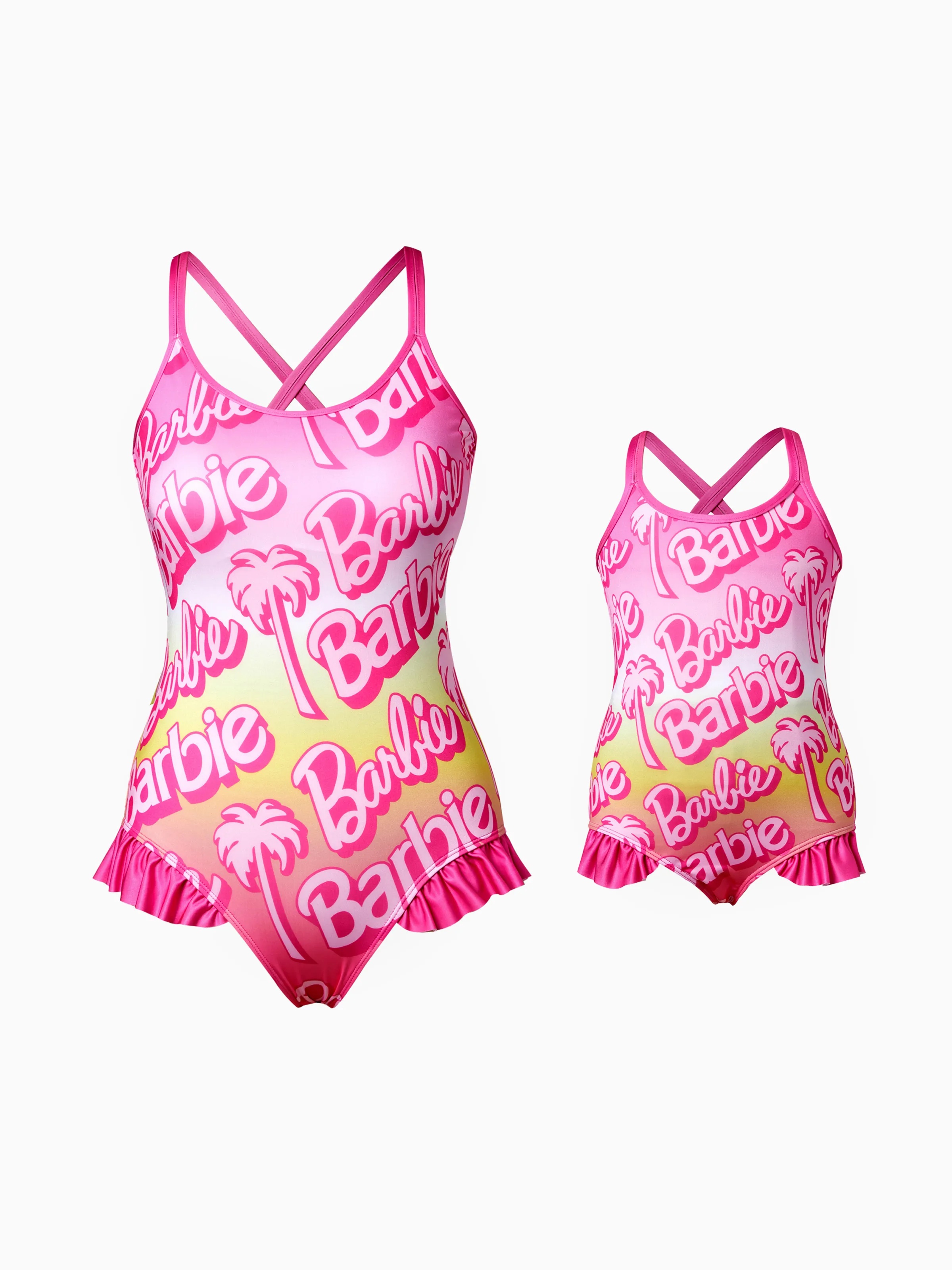 Barbie Mommy and Me Big Letter Logo Gradient Beach Ruffles Strap One-Piece Swimsuit